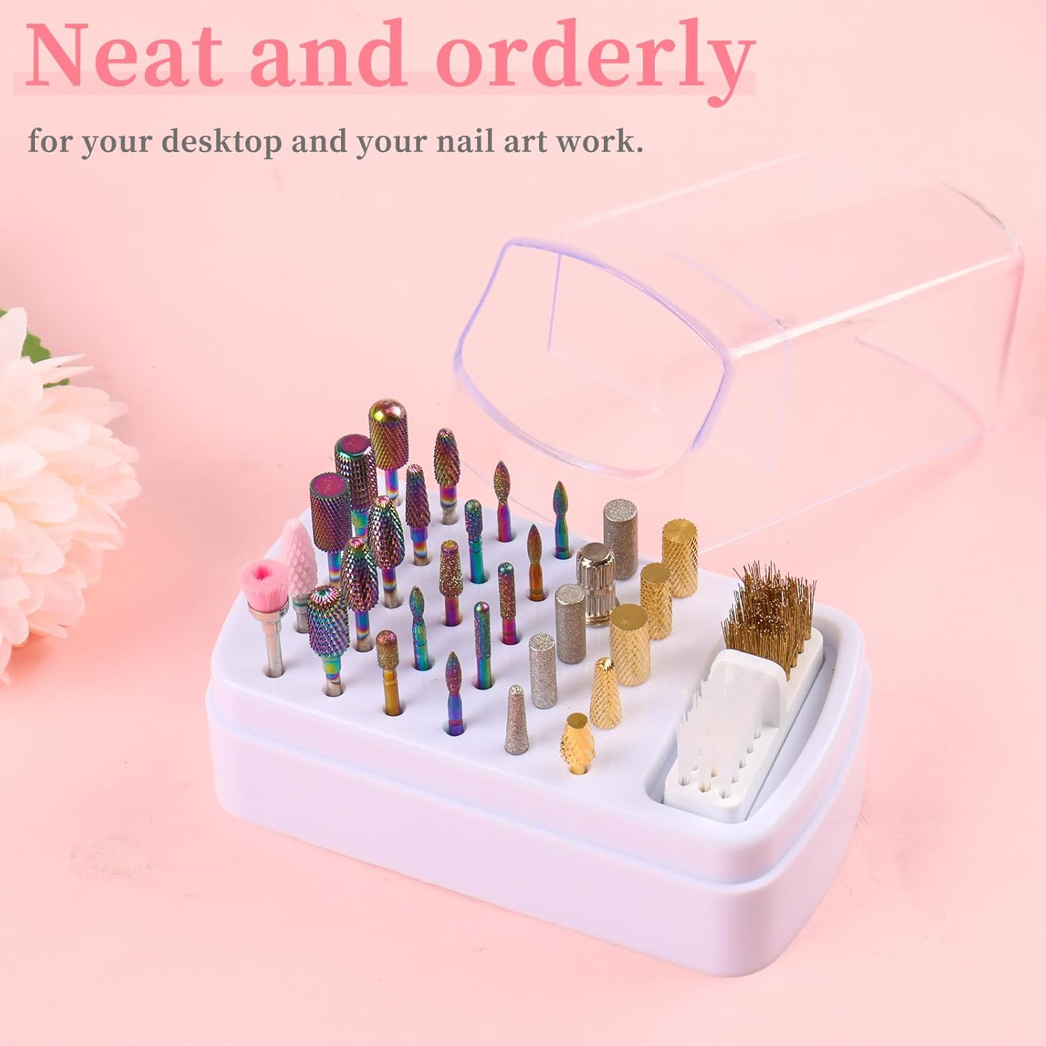 2 in 1 Nail Drill Bits Holder & Nail Drill Bits Cleaning Brush Case,30 Holes Dustproof Nail Art Drill Bits Stand Display Storage Box and Nail Drill Bits Cleaner Manicure Tools (White) - White image number 6