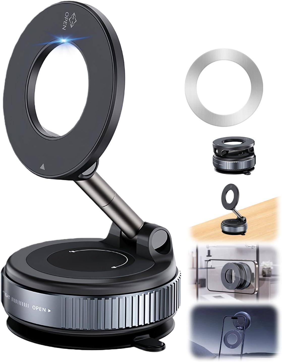 Magnetic Car Phone Holder, Foldable 360&deg; Adjustable Suction Mount, Compatible with Iphone/Samsung Galaxy and Most Smartphones for Car, Gym, Bathroom Mirror image number 1