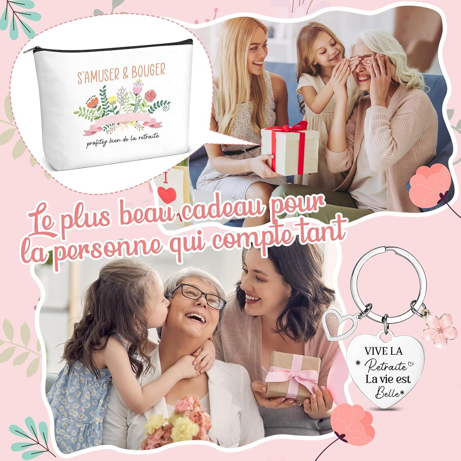 Xuniea Retirement Gift Set for Women - Travel Cosmetic Bags and Keychains, Flower Design, Practical Gift for Colleague, Teacher or Wife, as Shown, Fashion image number 5