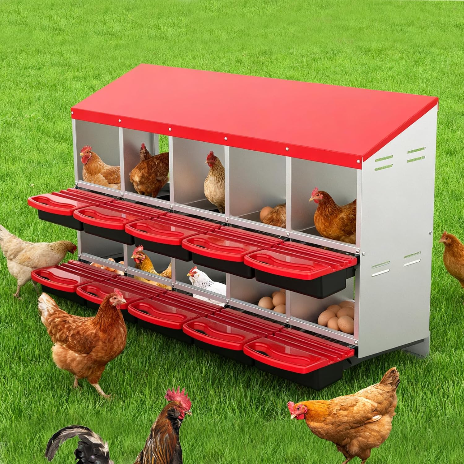 Advwin Chicken Nesting Box, 10 Compartment Galvanized Steel Chicken Laying Boxes, Nesting Boxes for Chickens, Easy Egg Collection for Chicken Coop, Backyard, Farms image number 2