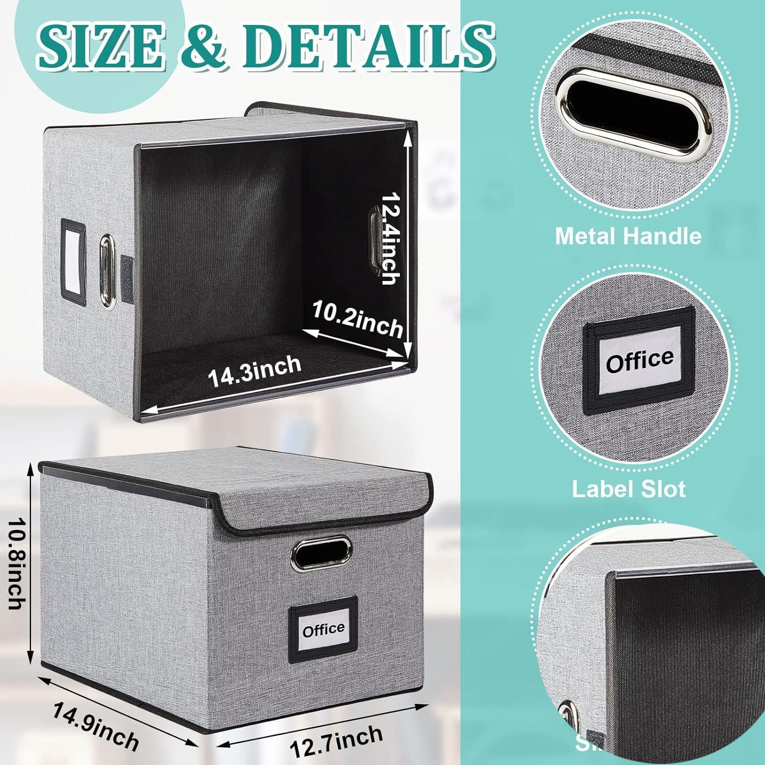 File Organizer Box, Upgraded Large Linen Hanging Office Document Storage Box with Lid, Collapsible Filing Storage Boxes, Filing Box Cabinet for Office Home (Grey) image number 2