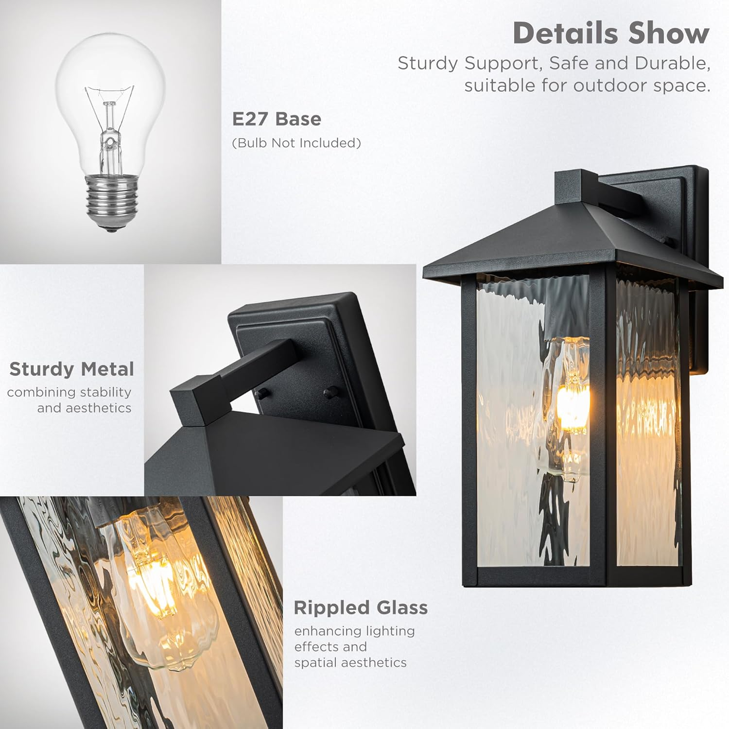 FTL Outdoor Wall Light Fixture, E27 Exterior Wall Light, Modern outside Porch Light with Water-Rippled Glass, IP44 Waterproof Outdoor Wall Sconce Lamp for Garden, House, Garage, Matte Black image number 2