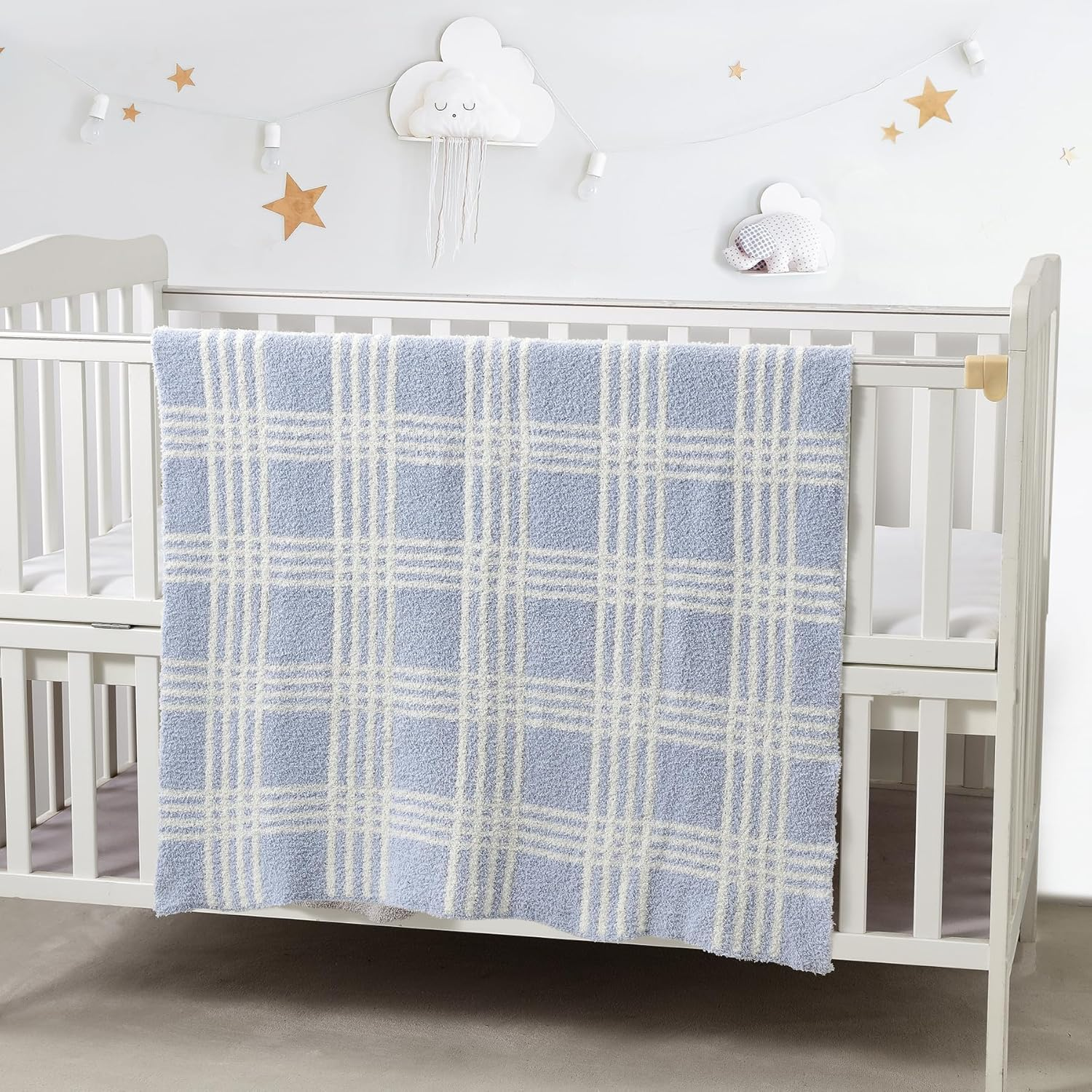 CREVENT 76X102Cm Cozy Soft Warm Chenille Baby Blanket for Girls Boys, Newborn Essentials for Infant, Baby Shower - Blue Check image number 4