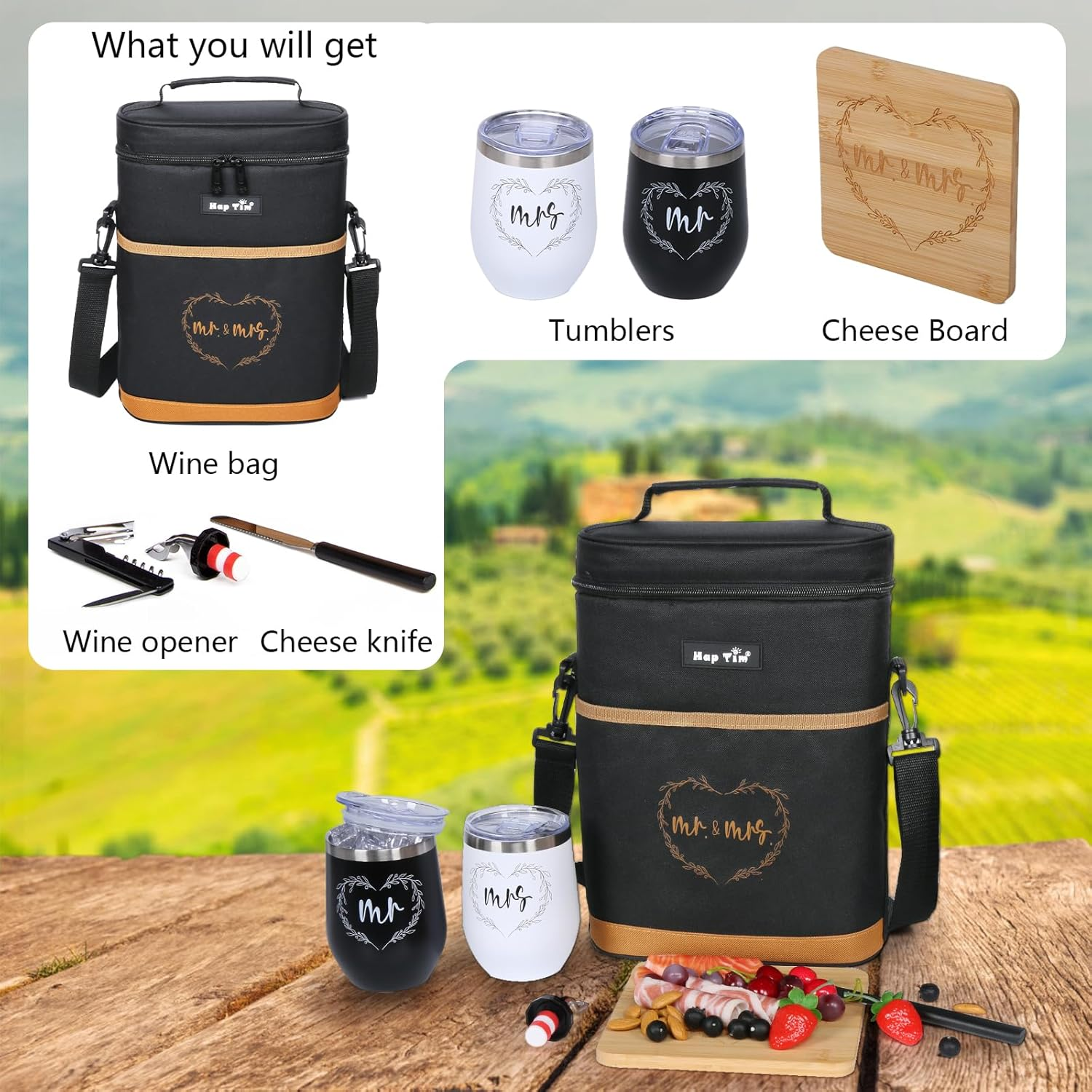 Hap Tim Wedding Gifts for Couples, Bridal Shower Gifts, Engagement Gifts for Newlyweds, Mr and Mrs Gifts - Wine Cooler Bag Insulated Wine Carrier Tote with Tumblers, Bamboo Cheese Borad (AU13624-G1) - Black image number 2