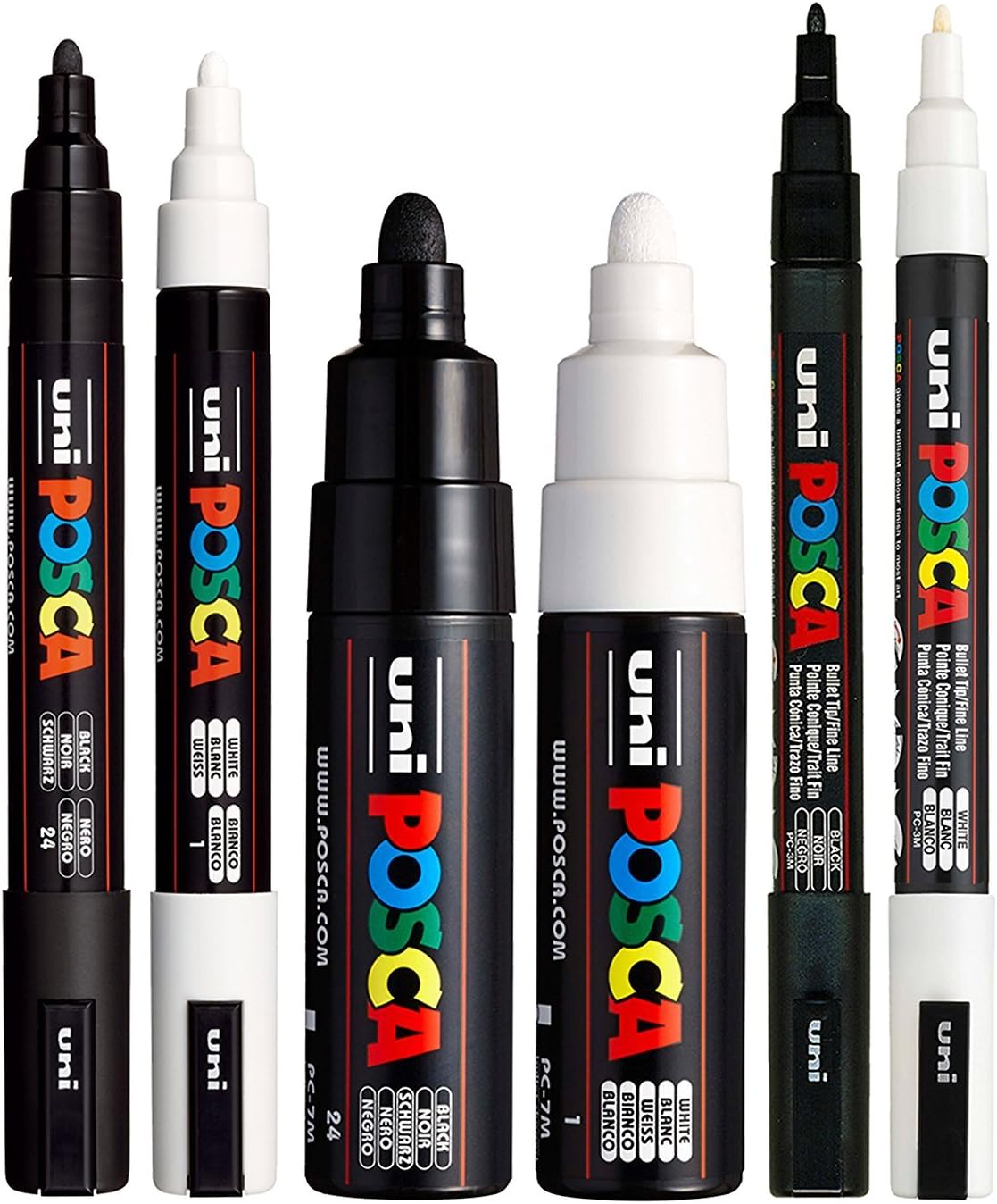POSCA Black & White Bullet Tip - Set of 6 Pens (PC-3M, PC-5M, PC-7M)
