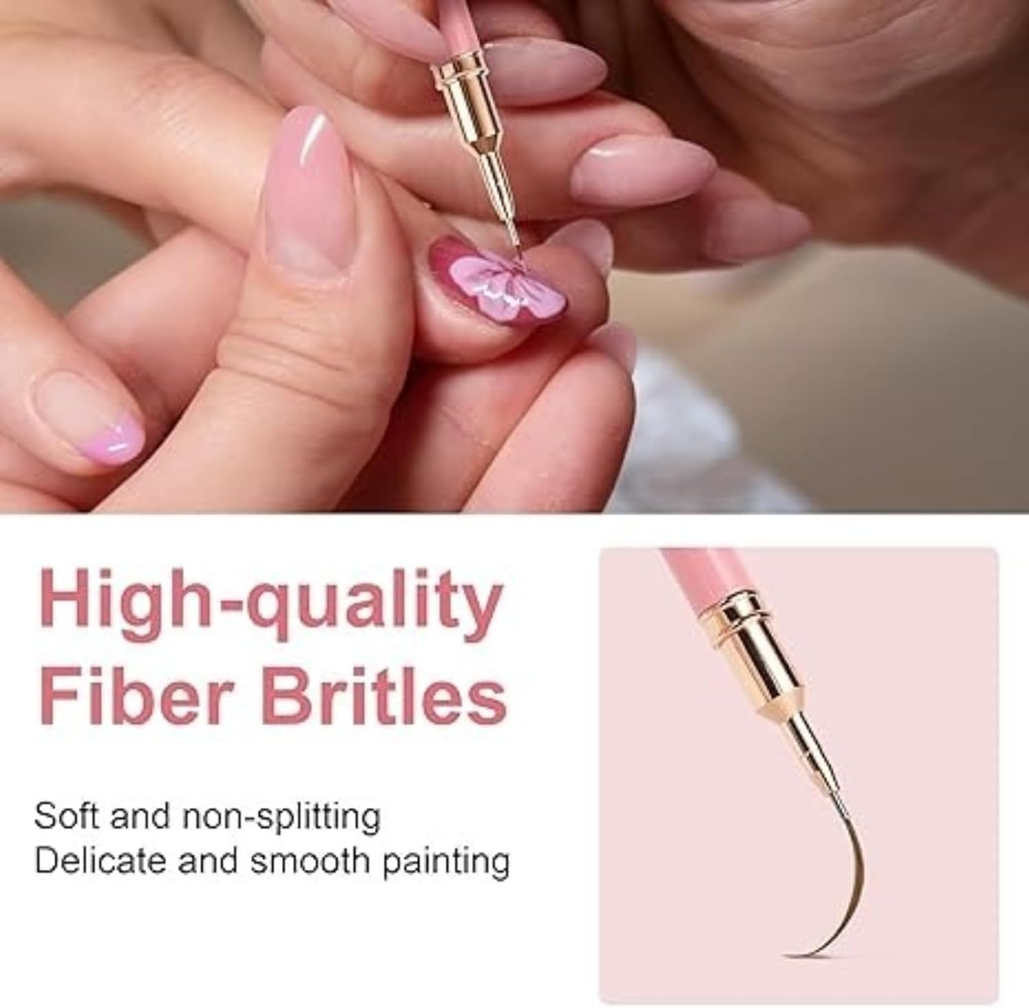 Kalione 5Pcs Metallic Nail Art Brushes Fine Line Nail Art Brush Set, Painting Design Brush Set Dotting Drawing Tool for Long Lines, Thin Details, Fine Drawing Sizes 4/8/12/20/25Mm, Pink image number 2