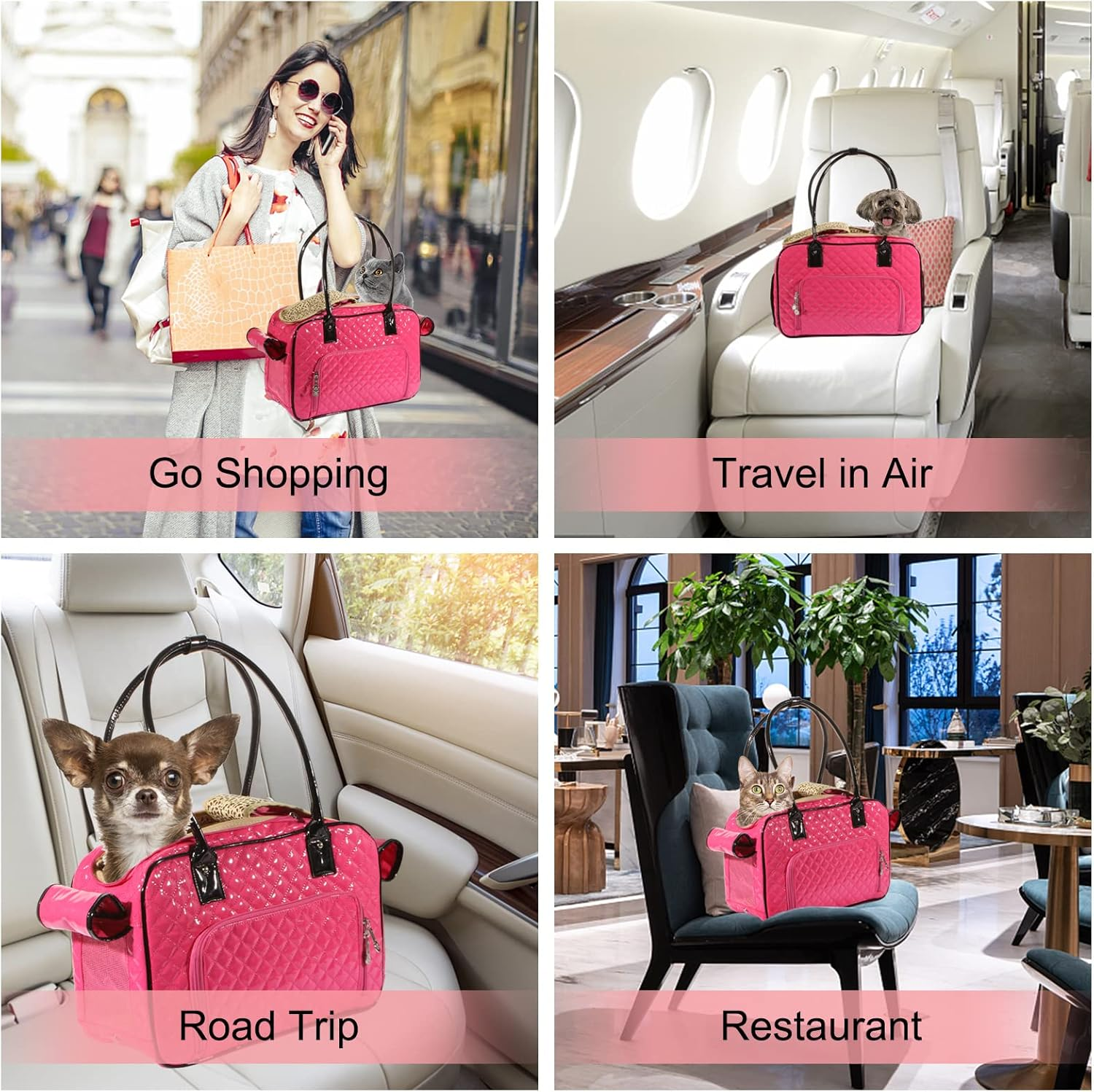 Betop House Mirror Surface Faux Leather Tote Purse Dog and Pet Carrier Travel Bag, Pink - Black And Pink image number 6