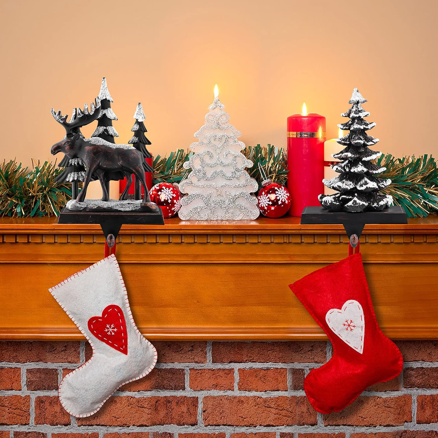 MCEAST 2 Pack Christmas Stocking Holders: Reindeer & Christmas Tree with Snowflake; Black, Fabric; 2 Hooks; Surface Rest; Stocking Hangers image number 4