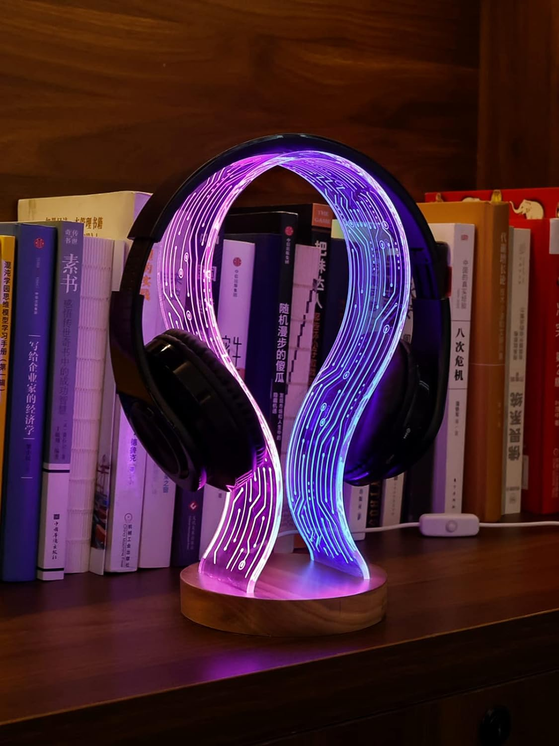 Yuandian Headphone Stand, Walnut Wood Headset Holder with Blue Pink LED Night Light for Gamers, Men, and Music Lovers - Perfect Desk Gift Idea image number 6
