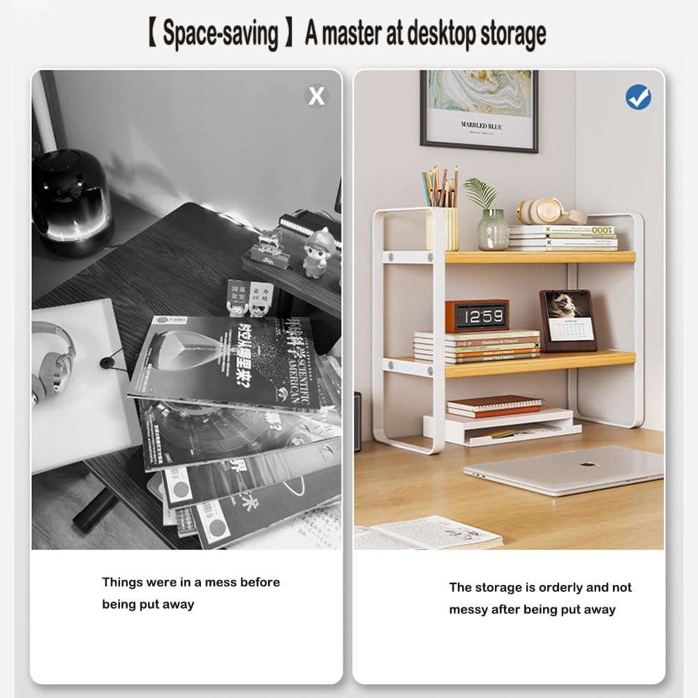 Fohouse Wooden Desktop Bookshelf Organizer, Office Desk Shelf Organizer - Multi-Purpose Bookshelf for Office Supplies, Makeup Top Organizer Storage, and Home Decor (White-2 Tier) - Black image number 7