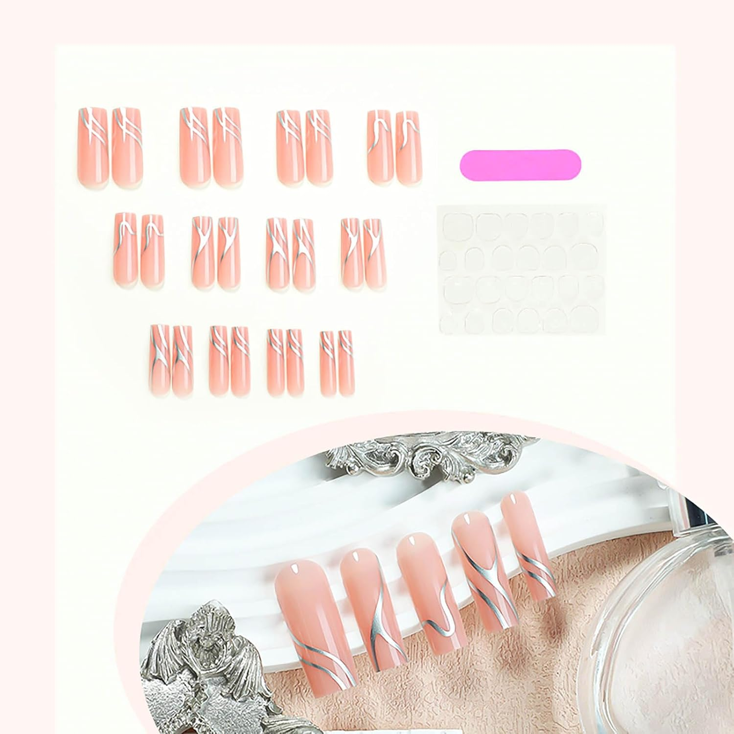 RUOKEXIN Long Press Square False Nails, Nude False Nails with Silver Lines Designs, Long Square False Nails, Long False Nails with Glue, Shiny Artificial Nails image number 2