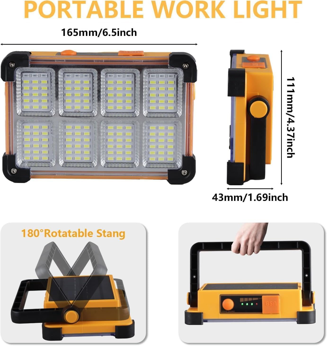2 Pack 120W Solar Rechargeable Work Light, 144 LED 10000LM Portable Flood Light with Stand, IP66 Waterproof Power Bank 4 Modes LED Job Site Lighting Flashlights for Mechanic Camping Fishing Car Repair image number 1