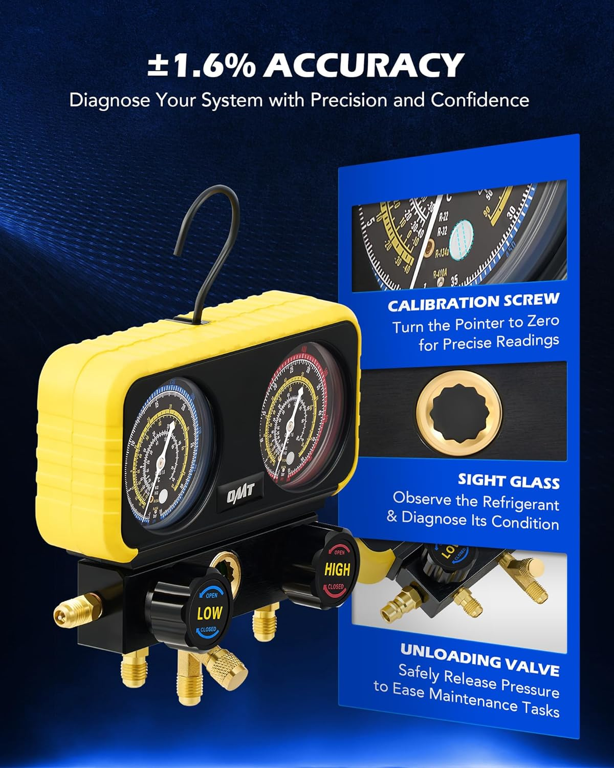 R410A Manifold Gauge Set with 3 Hoses, Safety Valves, Adapters, Universal Can Tap - AC Recharge Kit image number 1