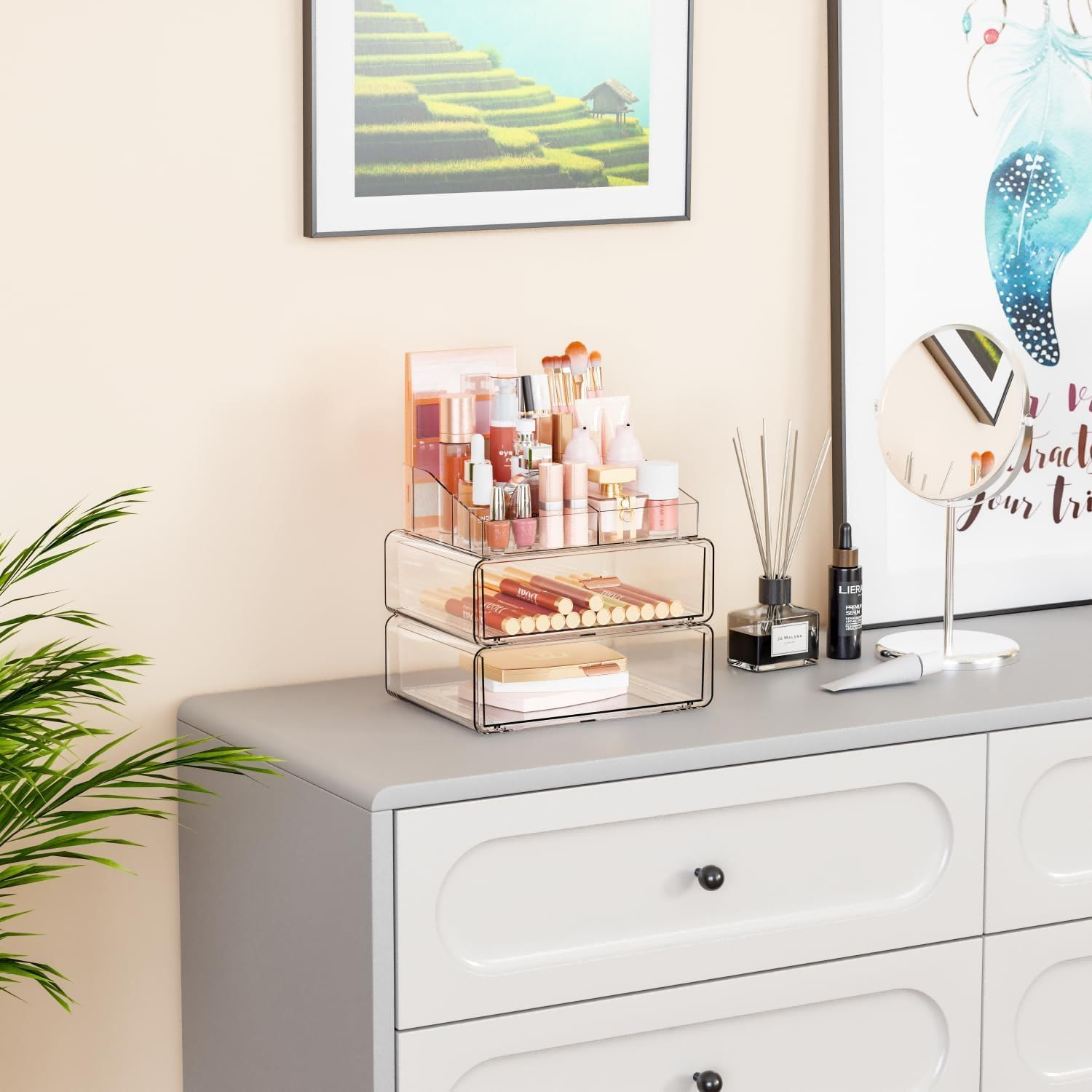 3-Tier Clear Stackable Acrylic Makeup Organizer with Drawer, Vanity Bathroom Countertop Cosmetic Display & Storage Case for Lipstick Brushes Skincare Perfume Jewellery Nail Polish