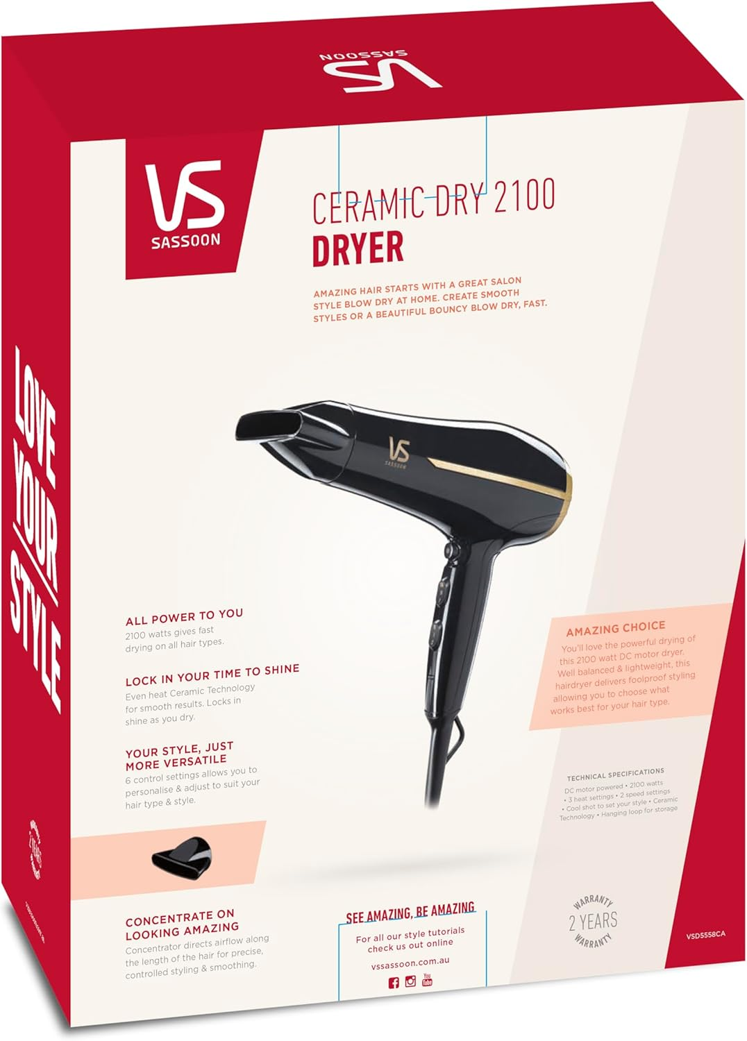 VS Sassoon Ceramic Pro Dry 2100 Hair Dryer &ndash; 2100W Powerful Blow Dryer for Fast Drying, Ceramic Technology for Smooth Shine, 6 Heat & Speed Settings for All Hair Types image number 6
