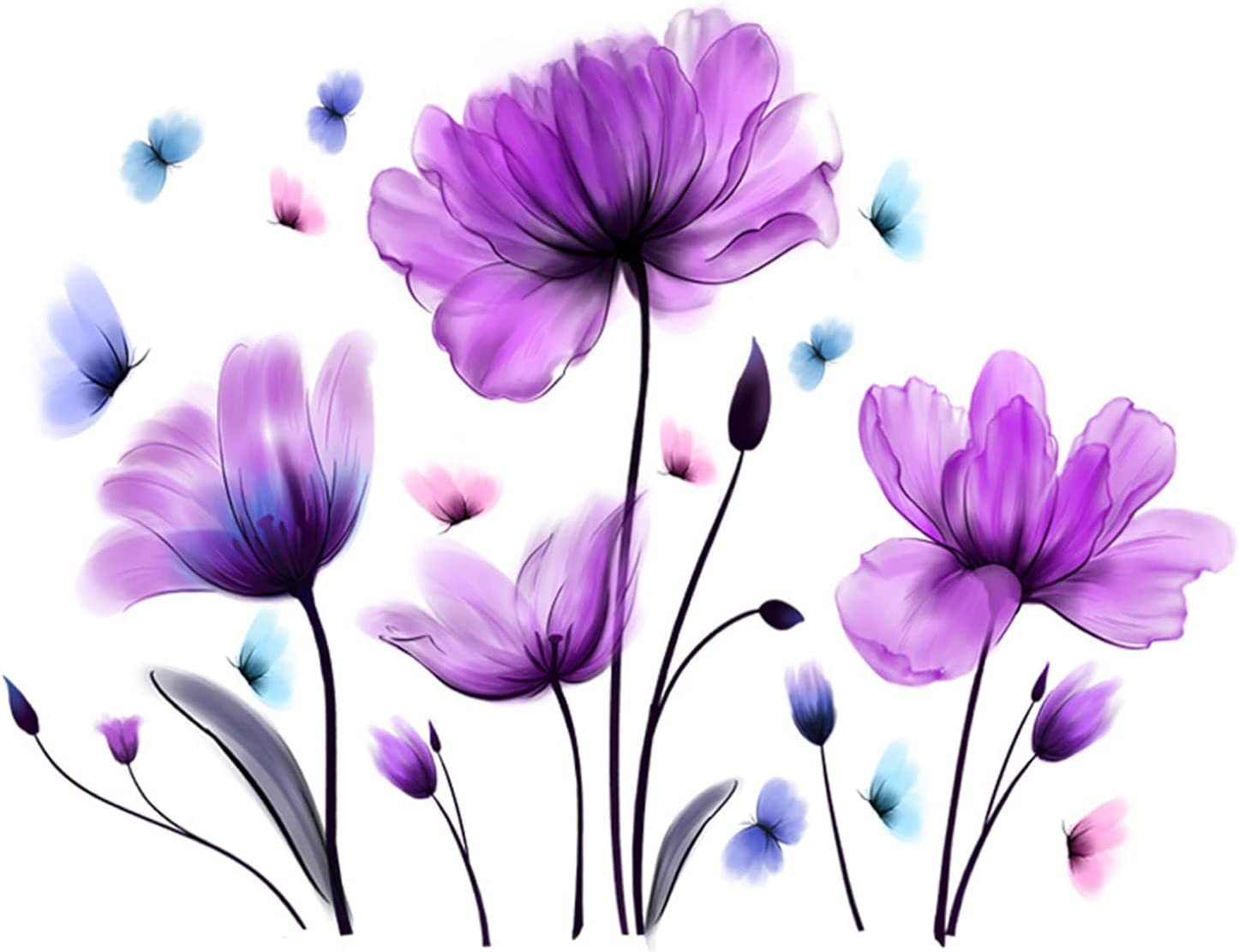 Pinenjoy Purple Tulip Wall Decals Flower and Colorful Butterfly Wall Sticker 25.2X35.43Inch Removable Self-Adhesive Vinyl Art Floral Murals for Living Room Bedroom Nursery TV Sofa Background Decor image number 3