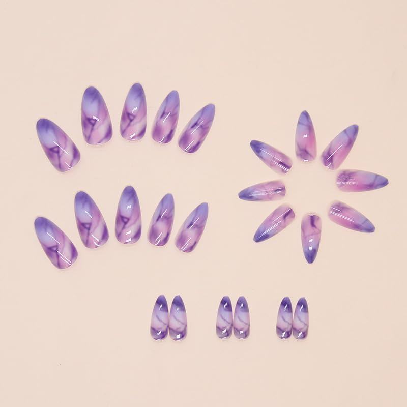 LYMCY Press on Nails French,Purple Halo Fake Nails, Artificial Nails for Women and Girls -24 Pcs image number 1