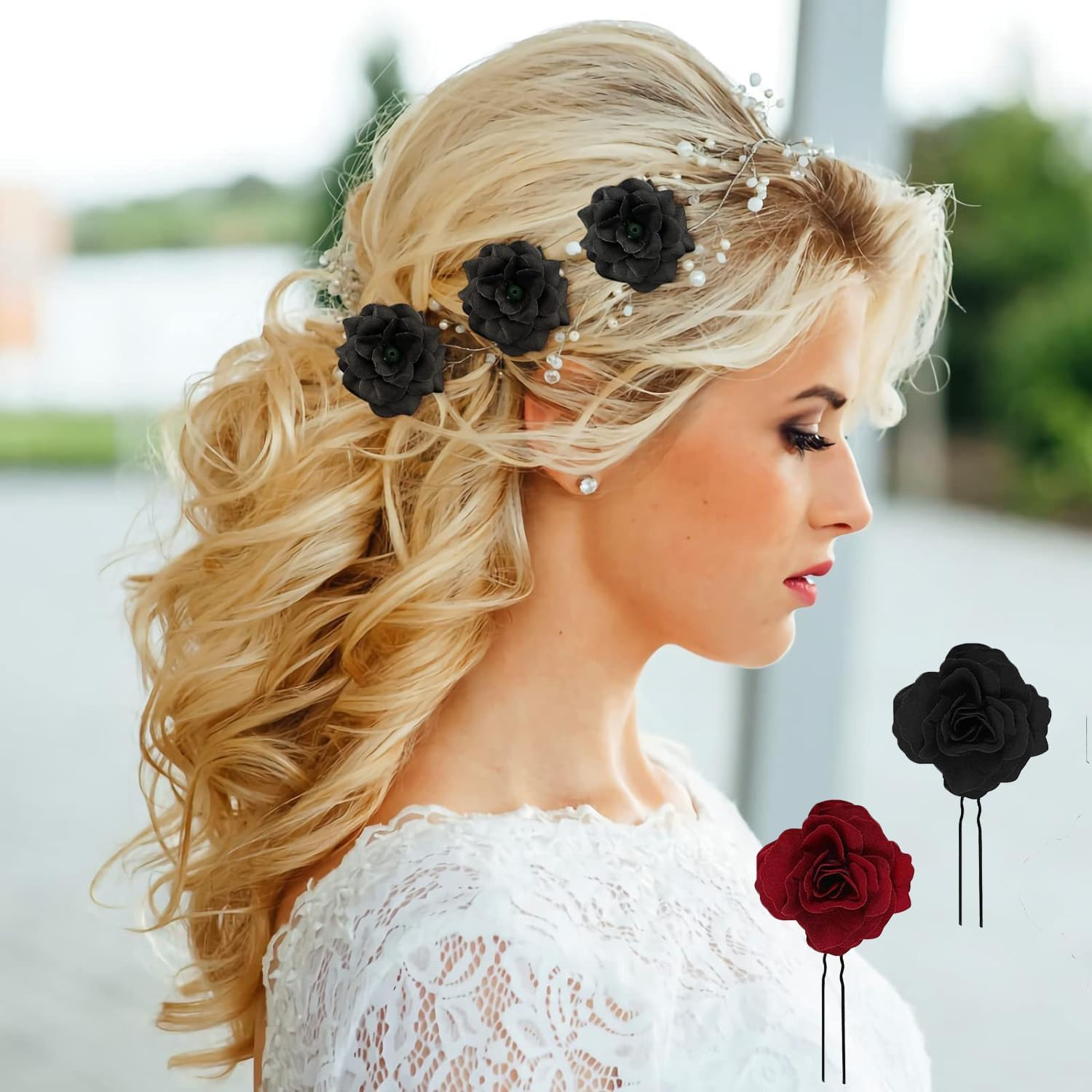 8 Pieces of Red Rose Flower Clips, Flower Hair Clips, Rose Hair Accessories, Wedding Rose Hair Clips, Handmade Rose Hair Clips, Suitable for Parties, Weddings, Dances (Burgundy + Black) image number 4