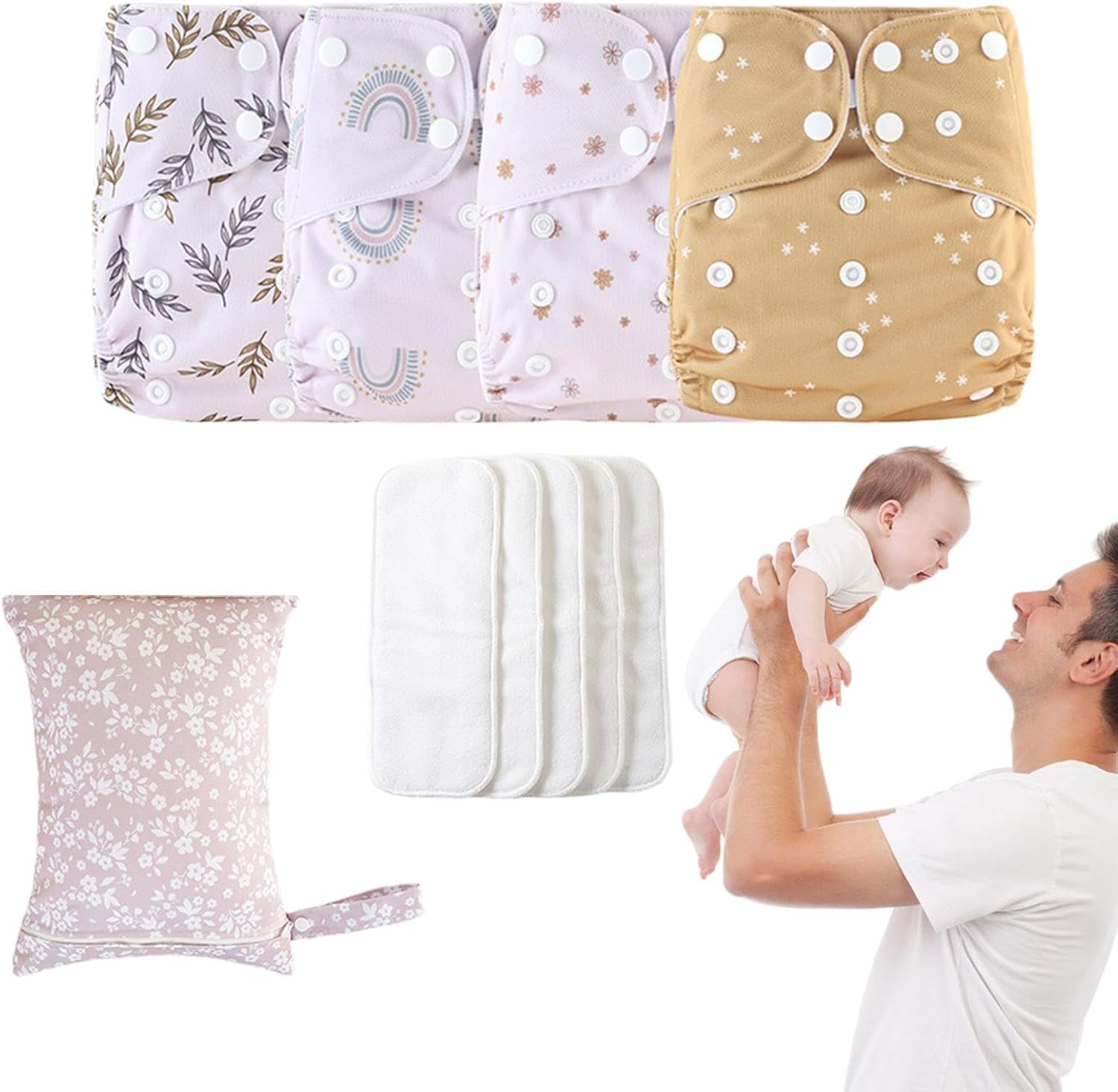 Washable Diapers for Baby,Adjustable Washable Cloth Baby Diapers - Absorbent & Breathable Liners, 4 Inserts & 1 Wet Bag, Prevents Staining