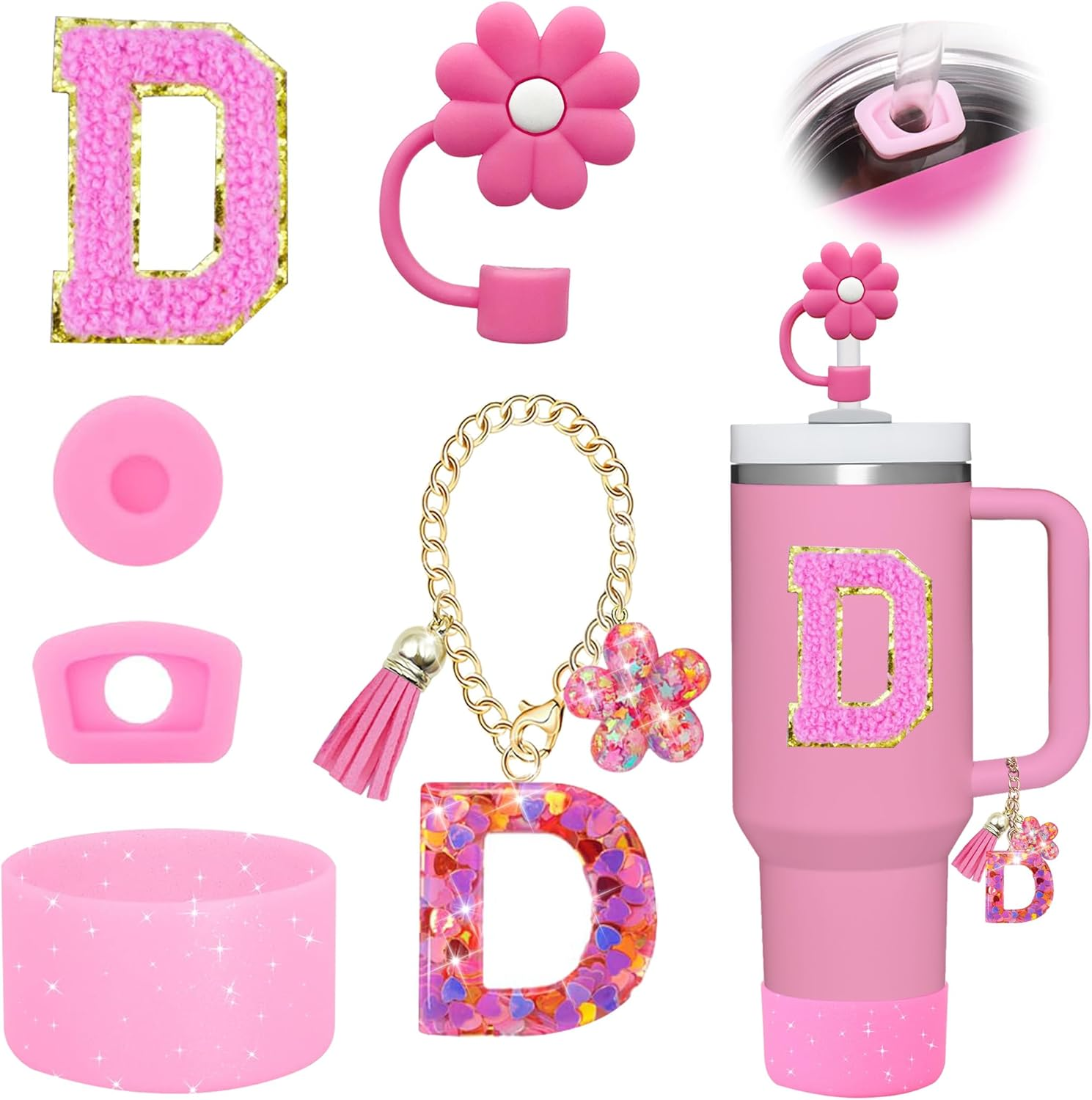 6PCS Cup Accessories Set for Stanley Cup 30Oz 40Oz Tumbler with Handle, Including Silicone Straw Topper Cover Cap and Boot, Spill Proof Stopper, Handle Charm, Initials Sticker(Pink) (Pink R)