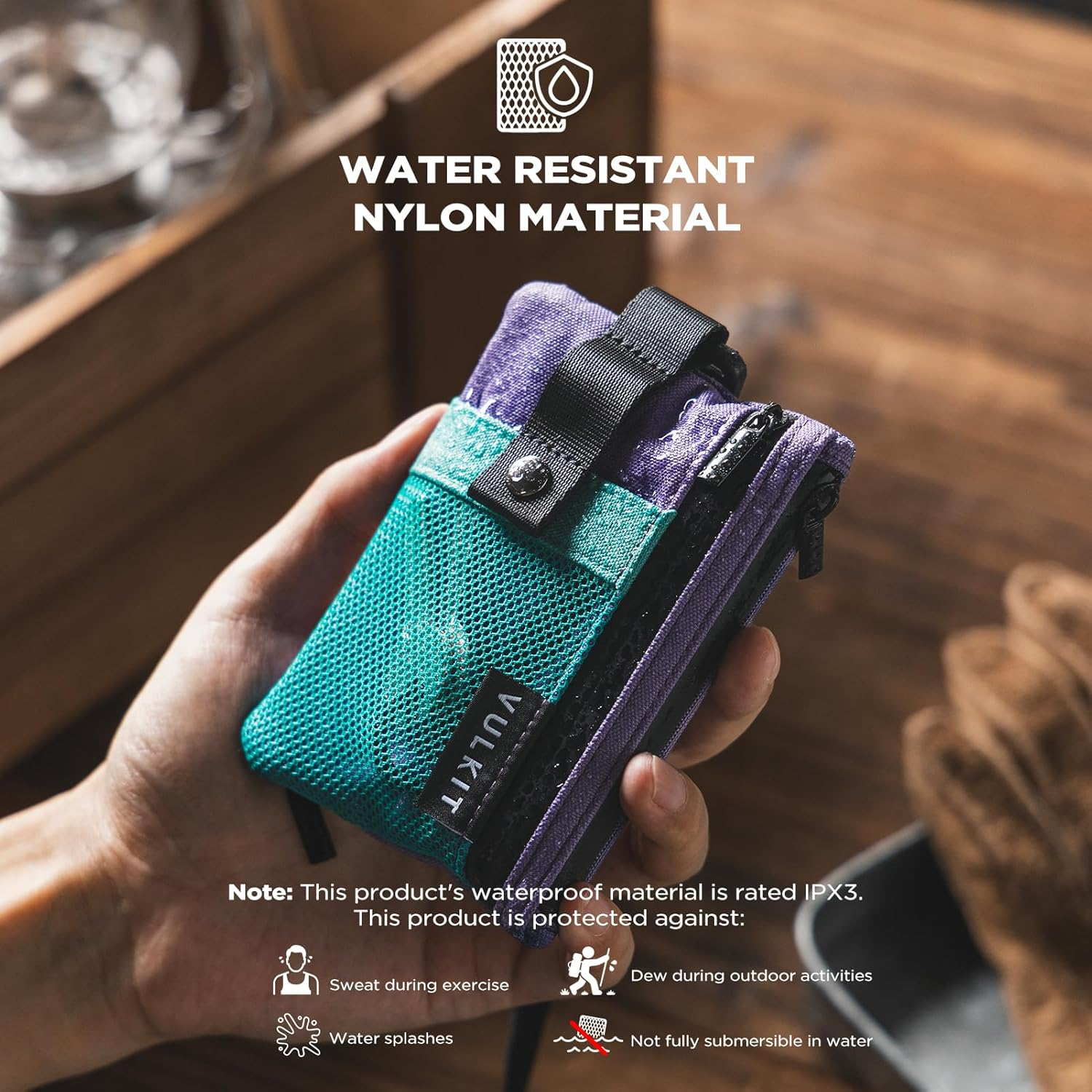 VULKIT Small RFID Wallet for Women & Men - Minimalist Zipper Wallet with ID Window, Keychain & Carabiner, Holds 15 Cards, Water Resistant Travel Lanyard Wallet Aauagreen Purple - Black image number 7