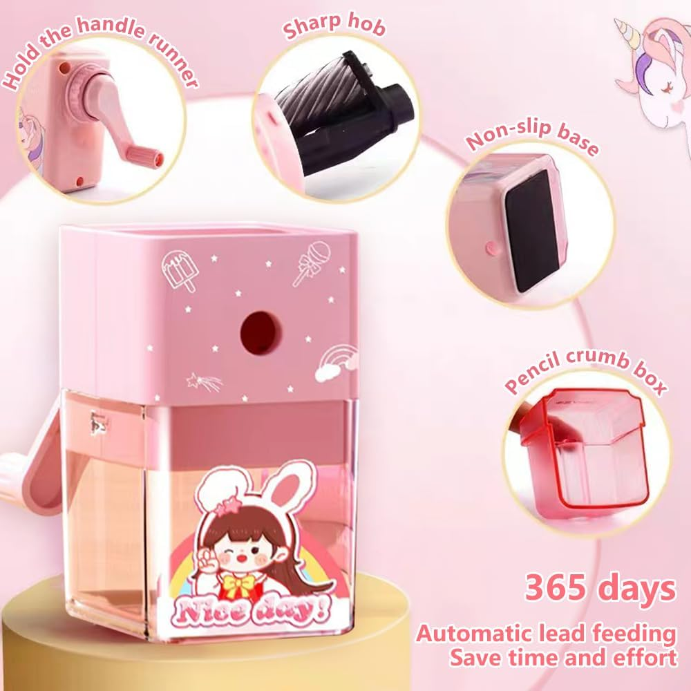 Table Pencil Sharpener,Manual Pencil Sharpener,Can save Time for Adults and Children and Keep the Table Clean (Pink-Girl) image number 1