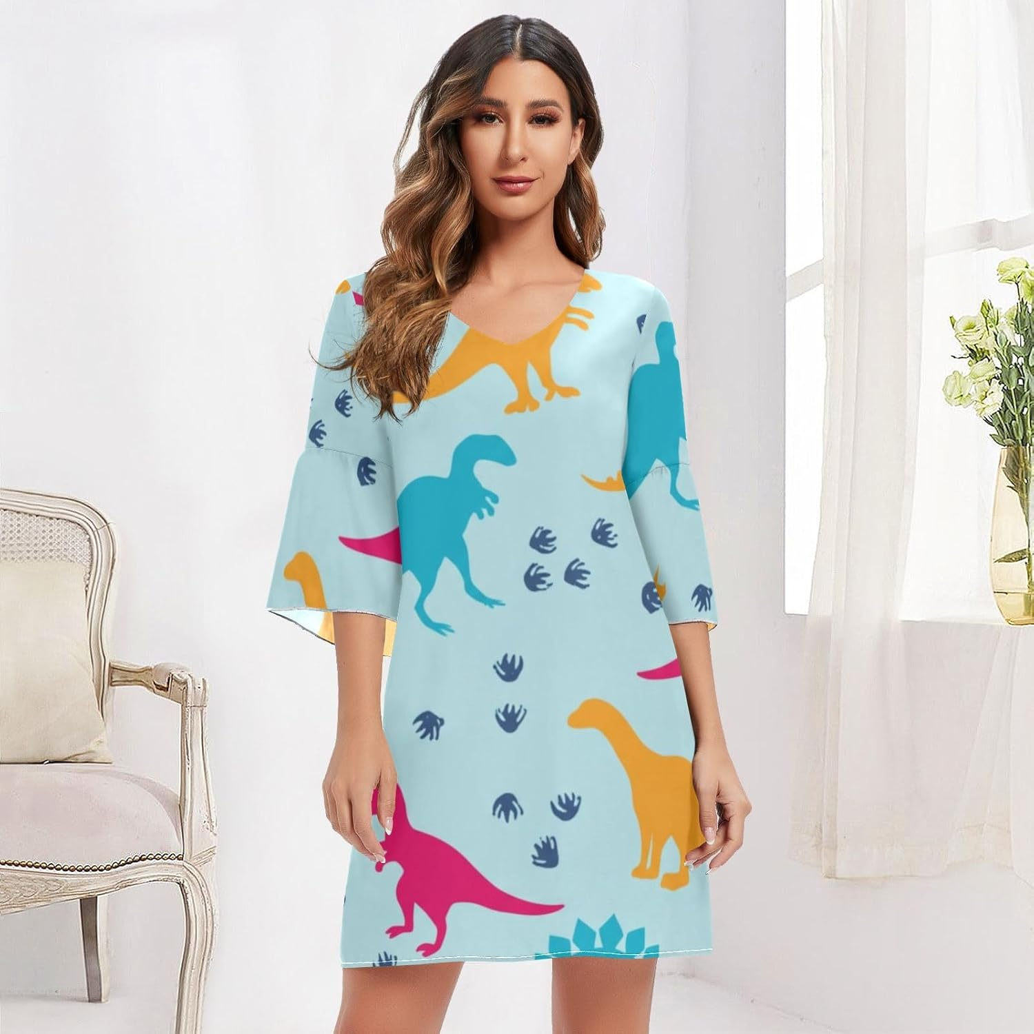 Colorful Dinosaur Blue V Neck Line Dress Printed Maternity Dress Party S-XXL image number 2