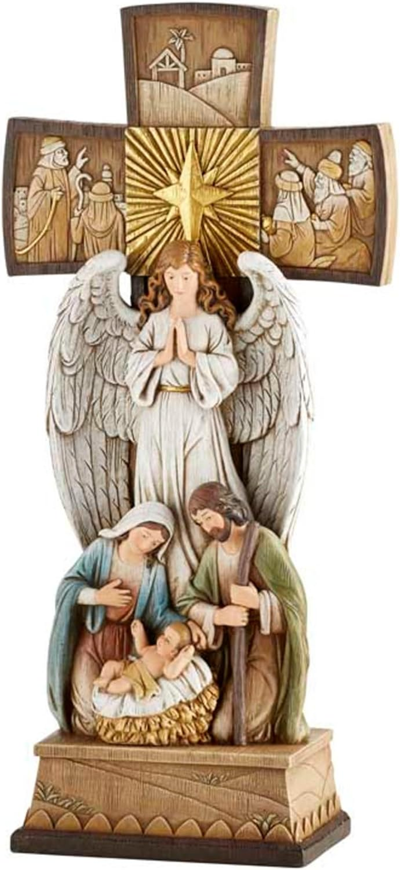 Avalon Gallery Christmas Figurines - Joseph Mary with Jesus and Angel Standing Cross Centerpiece Figurine, 14-Inch, Nativity Cross