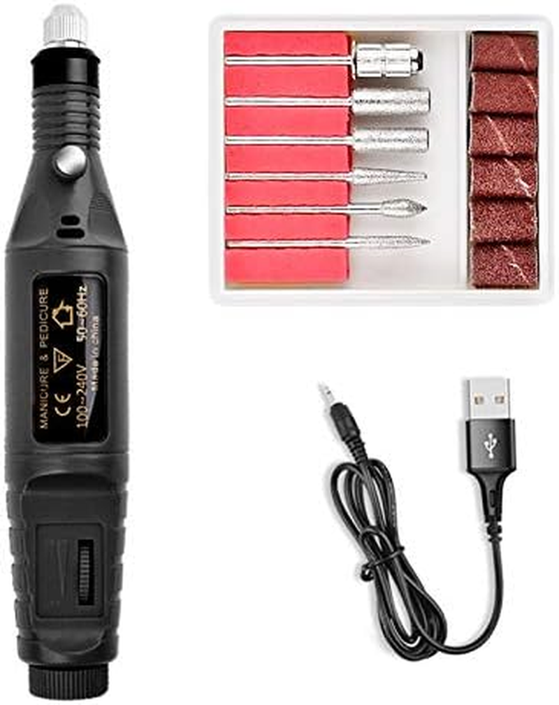 Portable USB Electric Nail Drill Machine &ndash; Professional Nail File for Acrylic and Gel Nails, Manicure & Pedicure. Nail Art Polishing Tool with 6 Nail Drill Bits Sanding Bands Dust Brush, Compact Nail Drill Kit (Red/Black/Pink/Blue/White) (White)