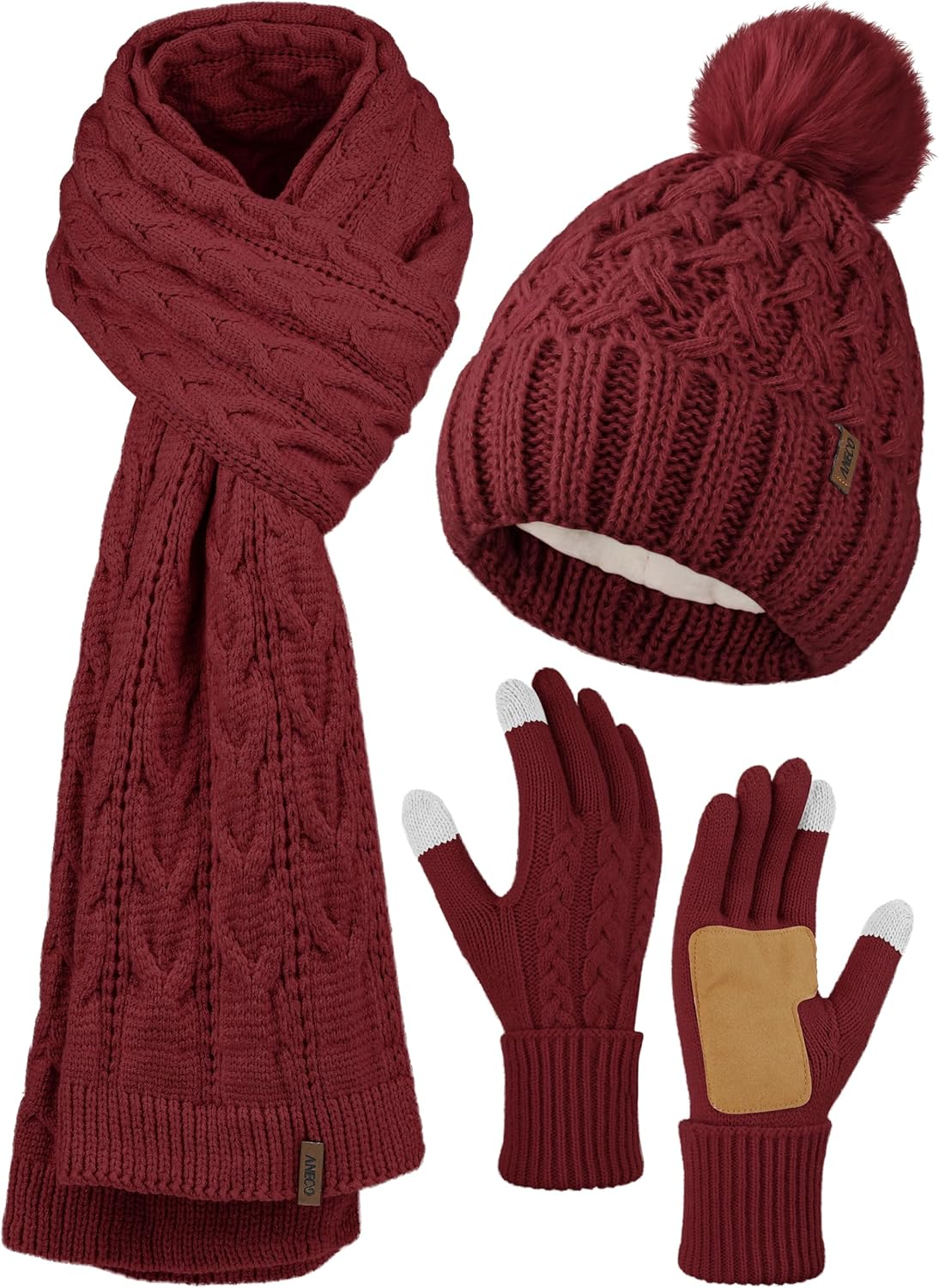 Aneco Women Winter Touchscreen Gloves Scarf Beanie Hat with Pom Pom Fleece Lined Set Thick Warm Knit Cap 3-In-1 Set