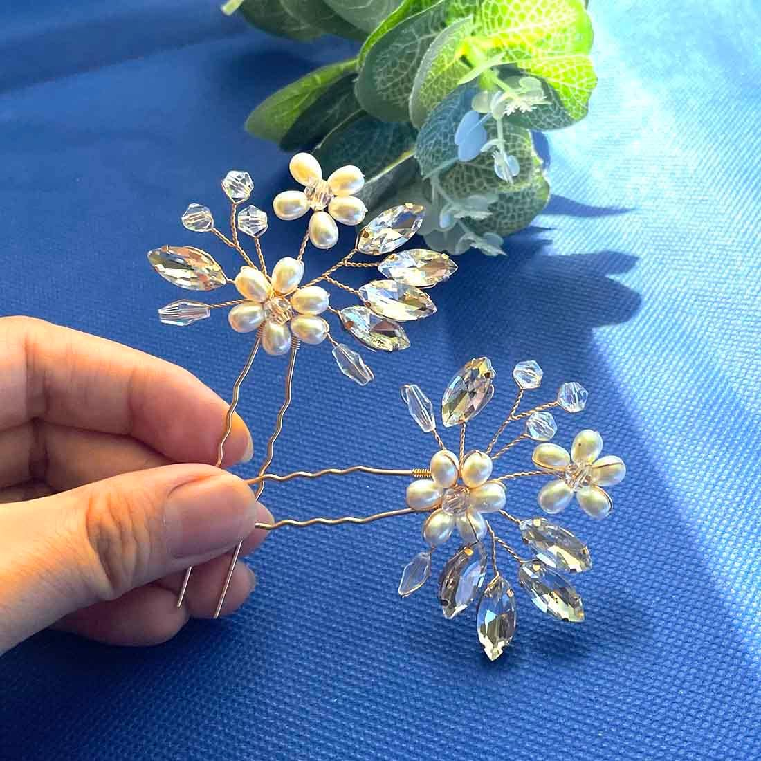 SINLOV Hair Pins for Bridal Flower Wedding Crystal Hair Accessories Headpiece Bridesmaid Pearl Hair Accessories for Women (Gold) image number 6