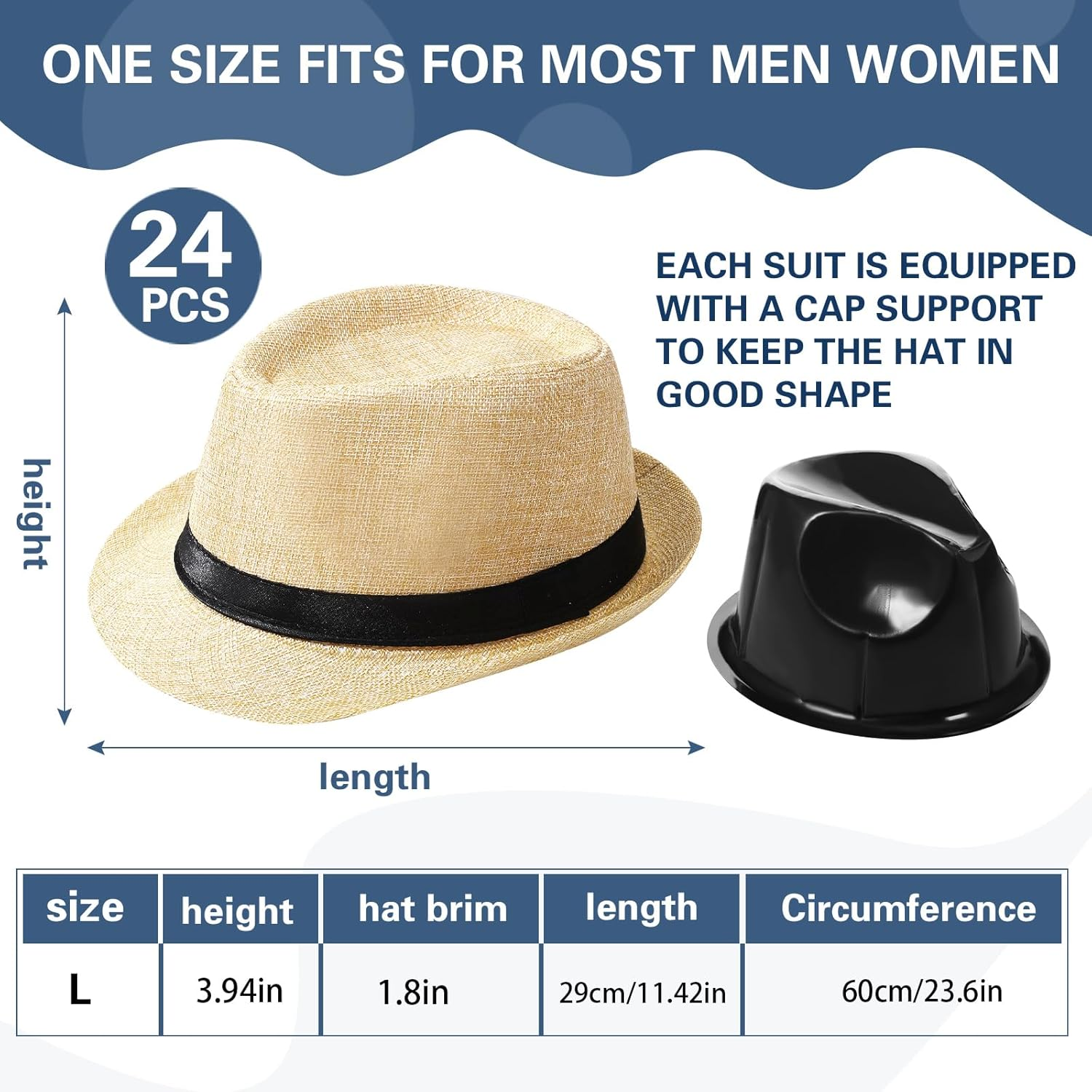 24 Pack 1920S Fedora Hats Bulk for Men Short Brim Sun Panama Hats for Women Party Costume, Circumference 60 Cm image number 5