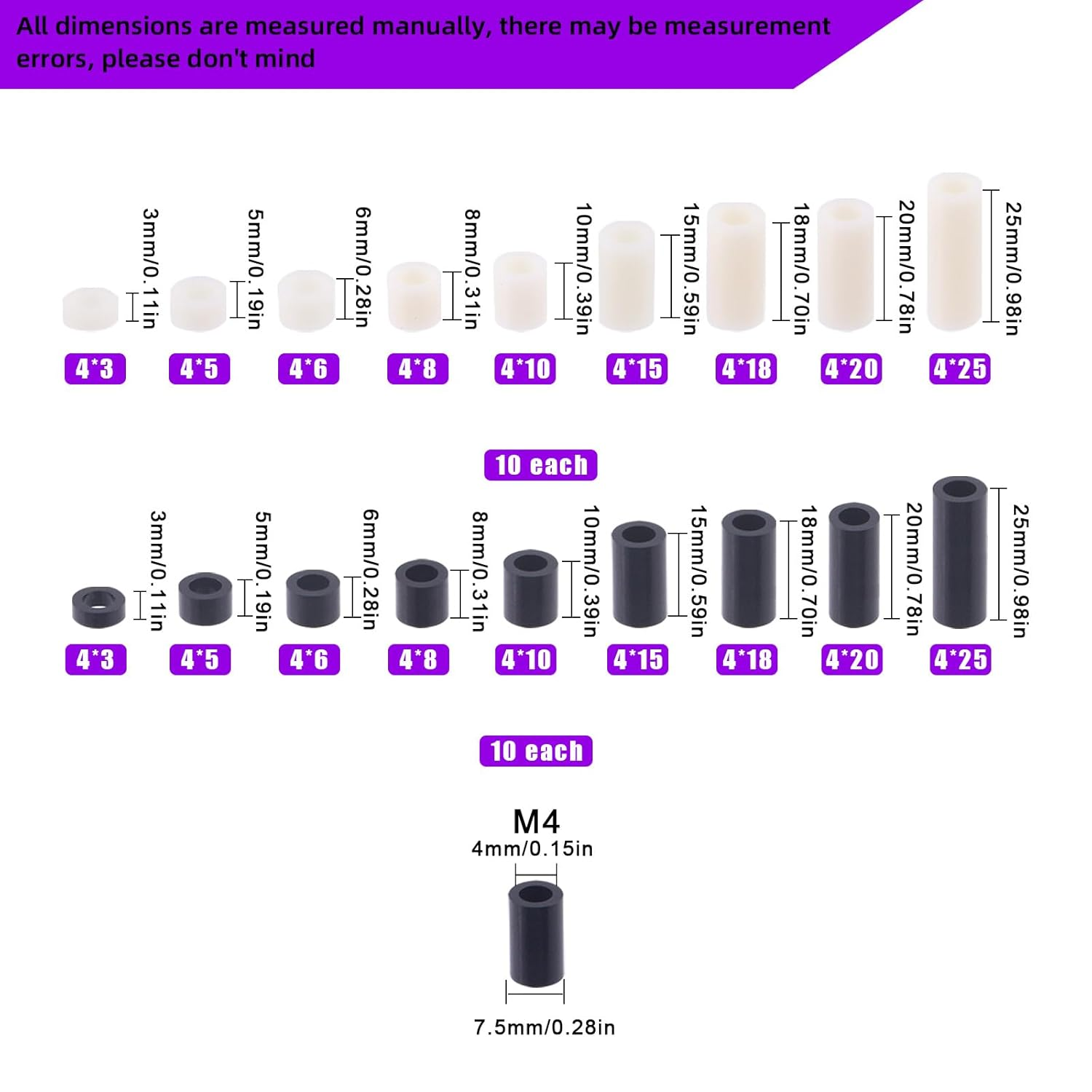 Swpeet 180Pcs Black White Nylon round Spacer Standoff Screw Nut Assortment Kit, Nylon ABS Plastic Standoff ID 4.2Mm OD 7Mm, Length 3Mm 5Mm 6Mm 8Mm 10Mm 12Mm 18Mm 20Mm 25Mm for M4 Screws Prototyping image number 5