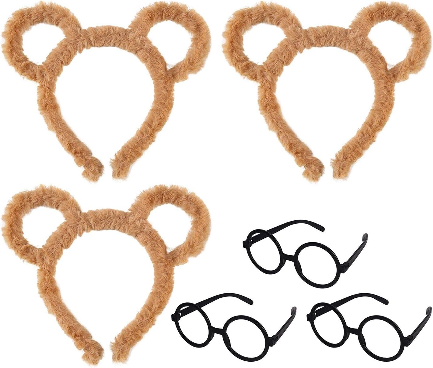 3 Pieces Brown Plush Headband, 3 Pieces Black Glasses, Cute Accessories for Bear Ear Hair Accessories, Role Play of Children, Party Outfits.