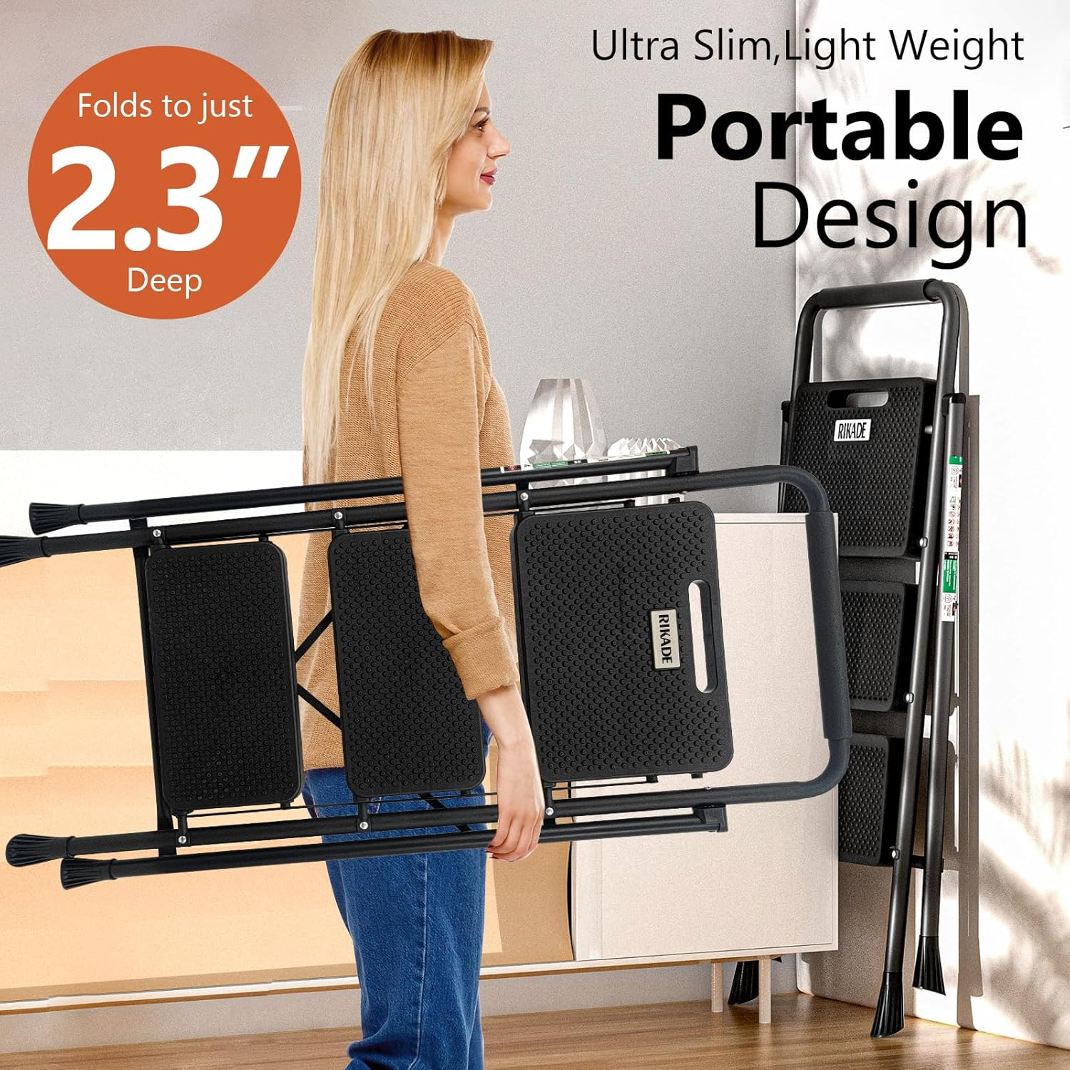 3 Step Ladder, RIKADE Folding Step Stool, Step Stool with Wide Anti-Slip Pedal, Lightweight, Portable Folding Step Ladder with Handgrip, Multi-Use Steel Ladder for Household and Office image number 7