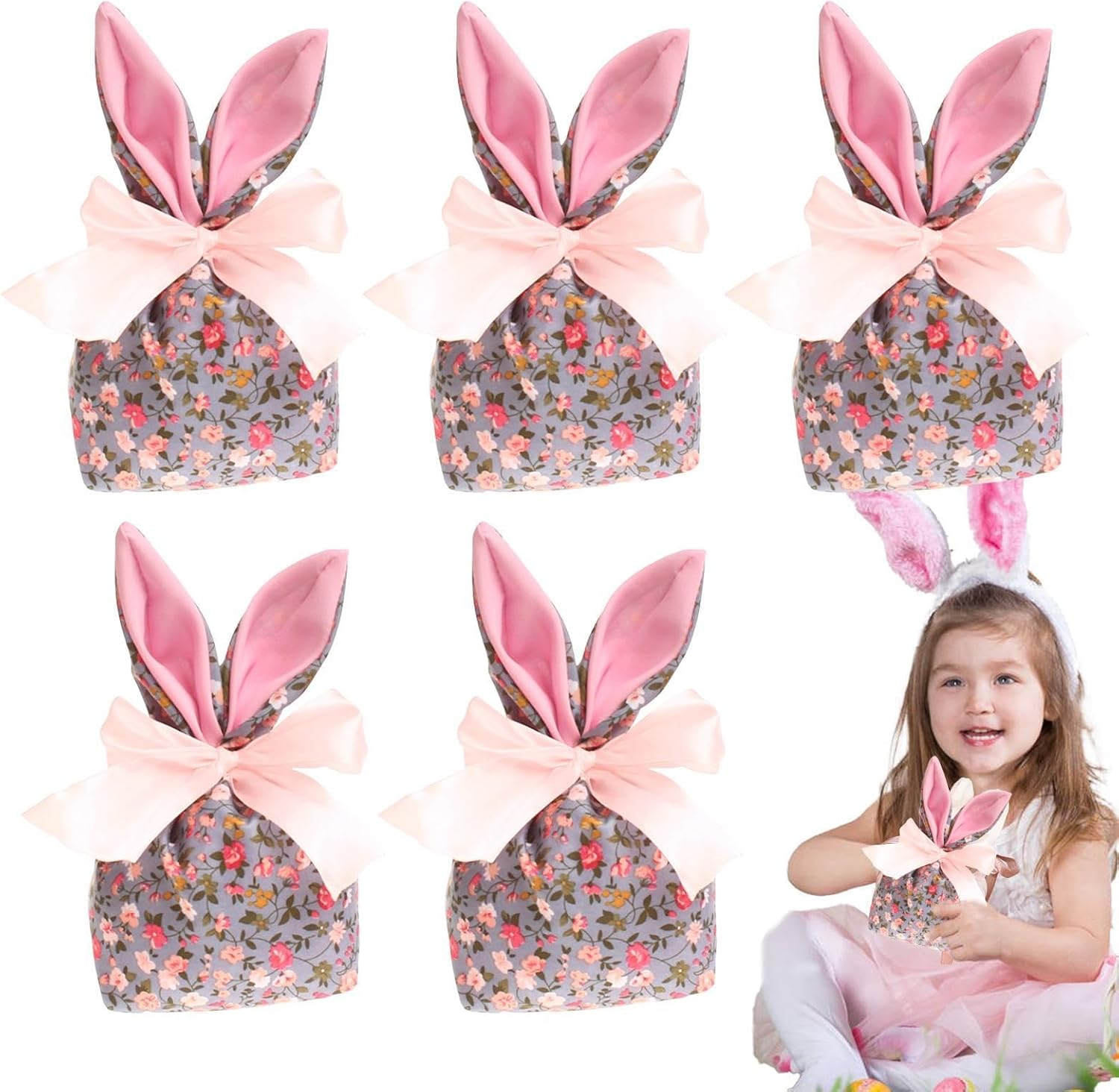 Easter Bunny Treat Bags,Bunny Ears Goodie Bags Candy Storage | 5X Gift Pouches Reusable with Bow, Party Favors, Easter Decorations Party Supplies for Packaging