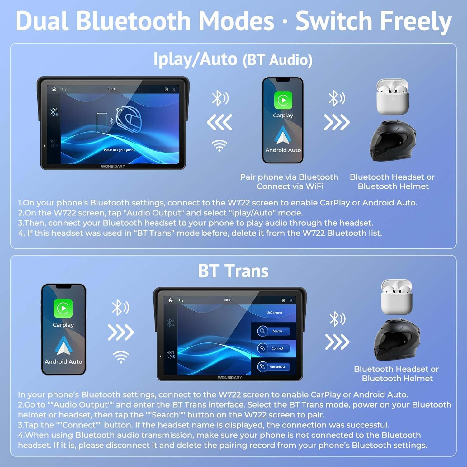 W722 for Motorcycle Carplay & Android Auto,7" Waterproof Smart GPS Navigation System Screen,Car Play Moto with Light Sensor,Dual Bluetooth,Siri/G-Assist,Eq,Usb/Hardwired Power Supply image number 1