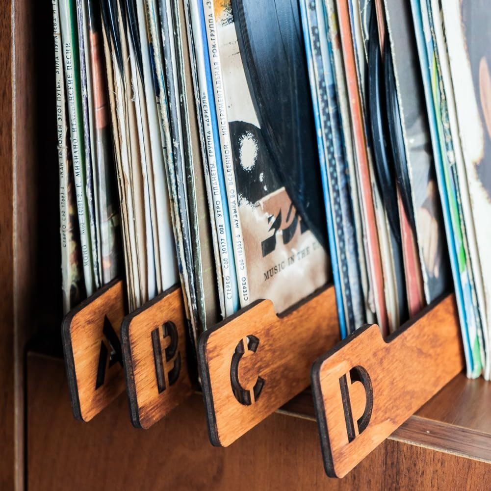 Elqater 26PCS Wood Record Dividers, Alphabetical Vinyl Record Storage Dividers A-Z, Record Holder Organizer Guides