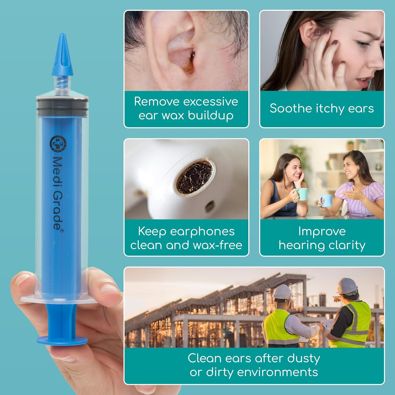 Medi Grade Large Ear Wax Removal Ear Syringe Kit with 3X Quad-Stream Tips, 60Ml - Natural Ear Cleaner Ear Wax Remover for and Aural Hygiene - Ear Wax Removal Kit Earwax Remover Tool
