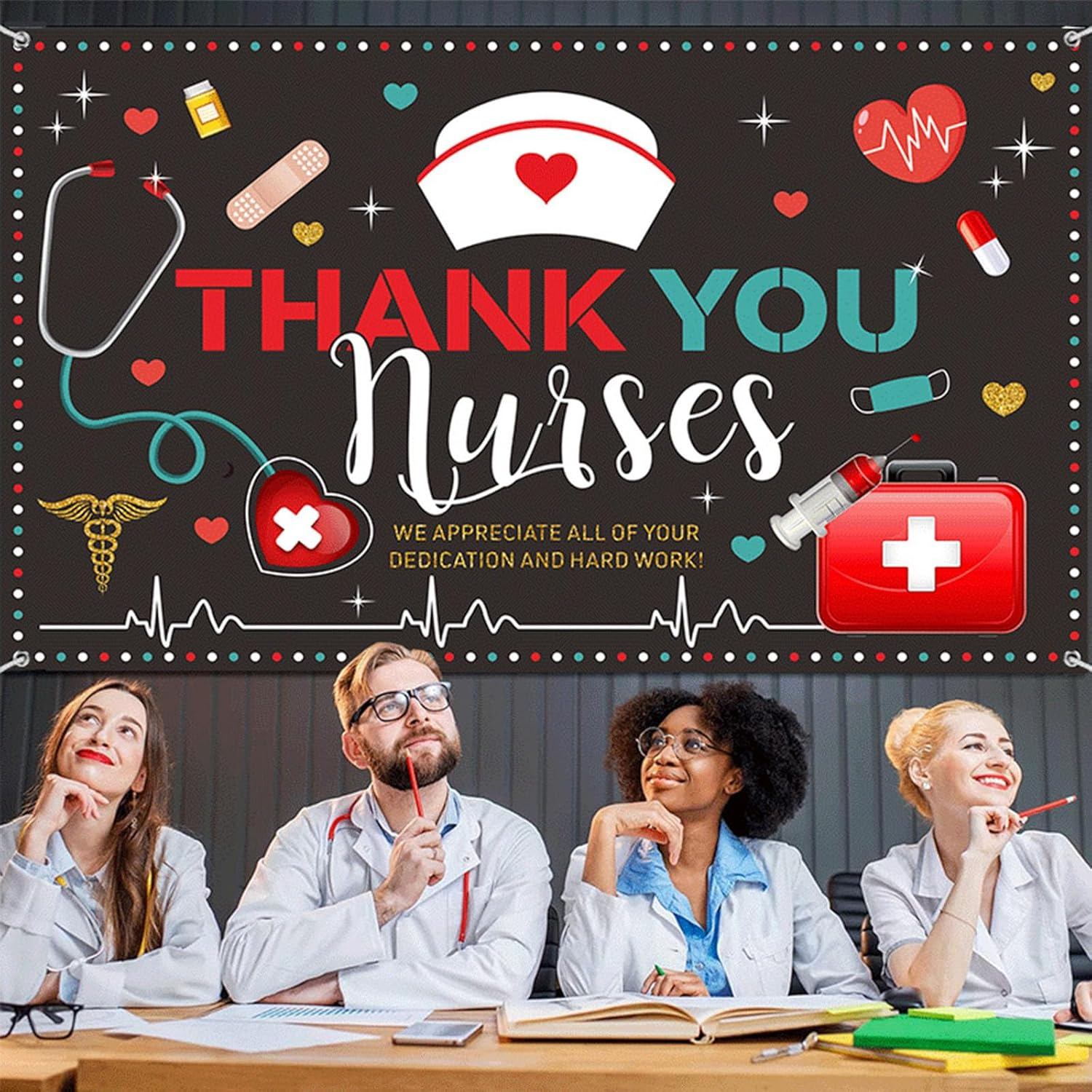 Thank You Nurses Banner,Nurse Week Decorations Backdrop,72.8 X 43.3 Fabric Backdrop Banner for National Nurse Day Photo Background