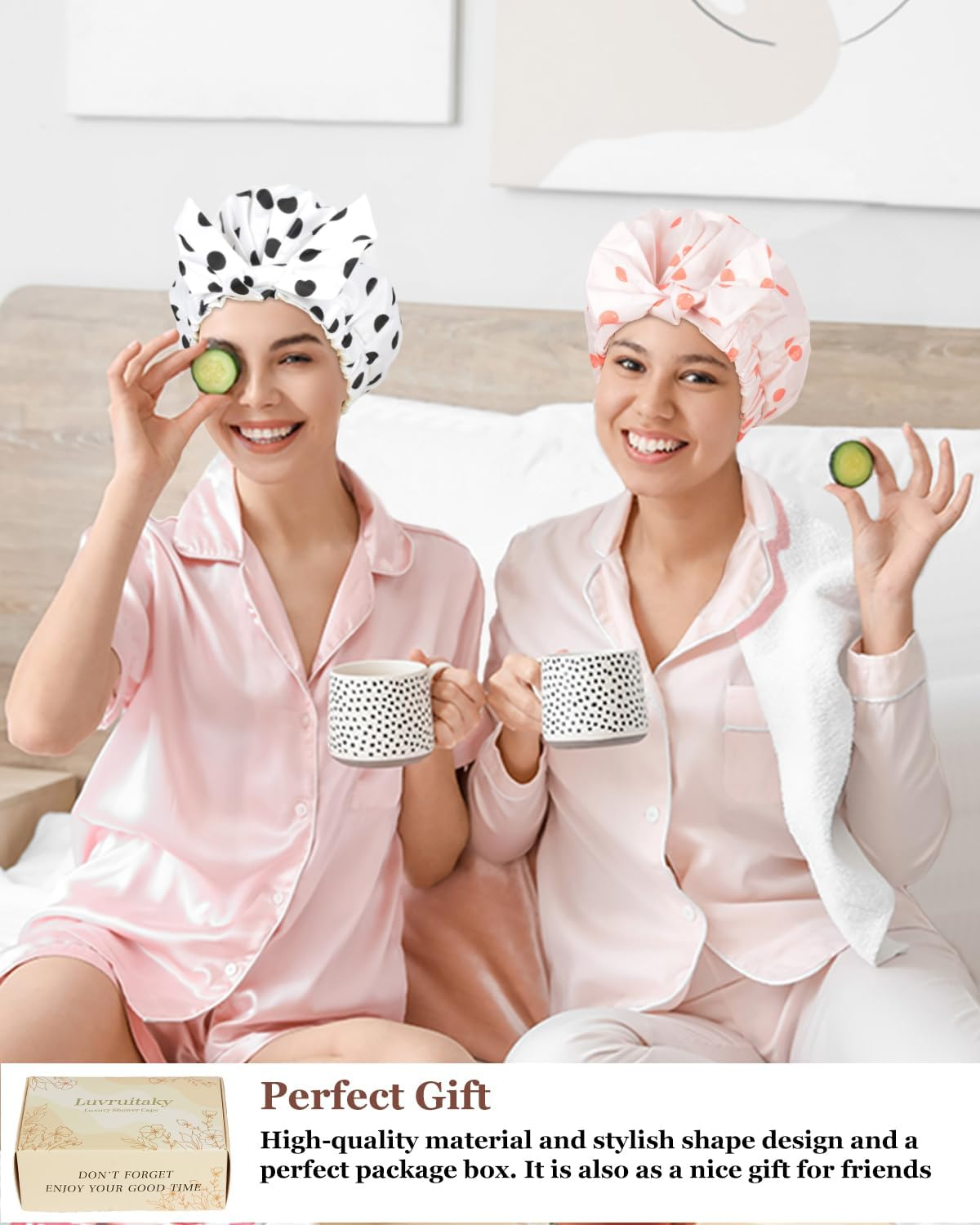 Luvruitaky Shower Cap Luxury Shower Caps for Women Reusable Waterproof Hair Cap for Shower with Adjustable Bowknot Hair Bath Cap (Pink)