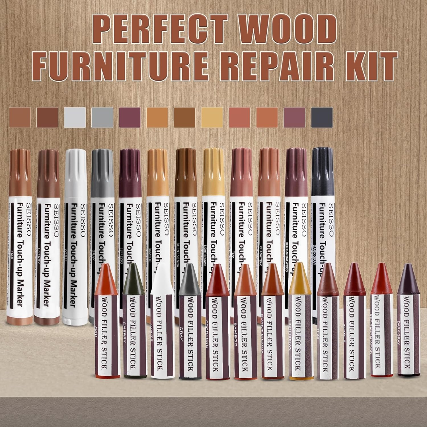 SEISSO Furniture Repair Kit, 18 Colors Touch up Markers and Wood Filler Sticks with Wood Polish Wax - Furniture Touch up Kit Cover up Scratches, Stains, Holes for Wooden Table, Cabinet, Floors, Door image number 4