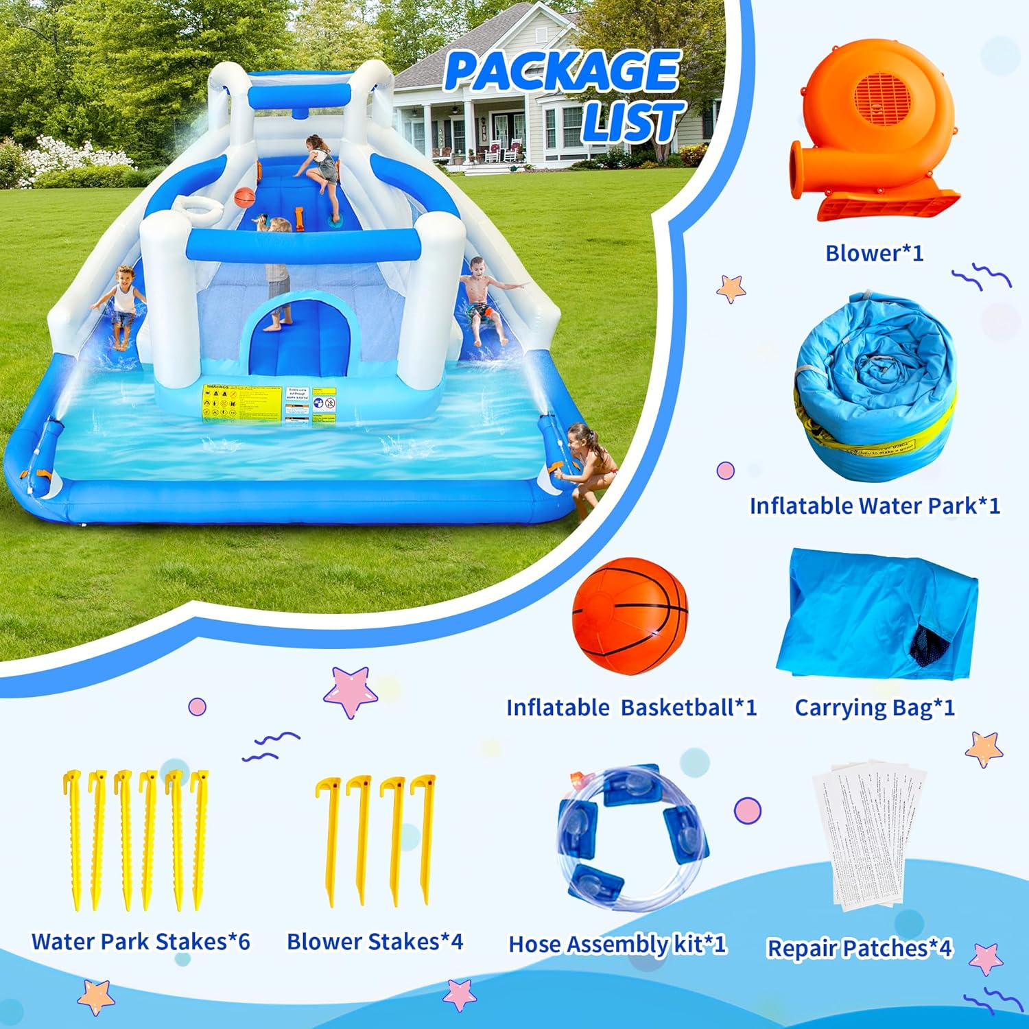 Inflatable Water Park with Blow up Water Slides, Trampoline, Basketball Hoop and 2 Water Cannons Outdoor Kids Water Slide for Garden and Party Use image number 6