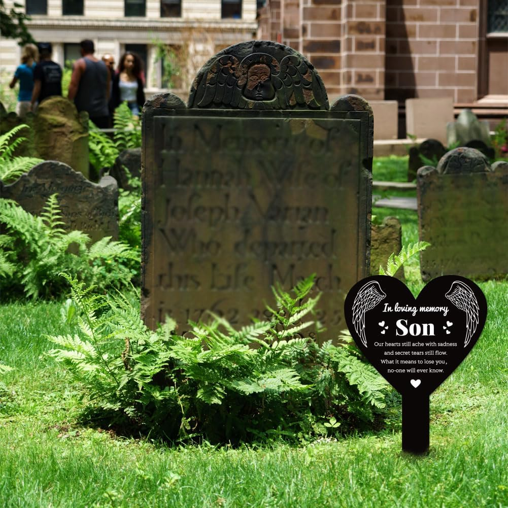 GLOBLELAND Heart Son Garden Stake Memorial Remembrance Plaque Stake for Cemetery Acrylic Grave Stake Waterproof Sympathy Garden Stake for Yard Grave Cemetery (Son) image number 3