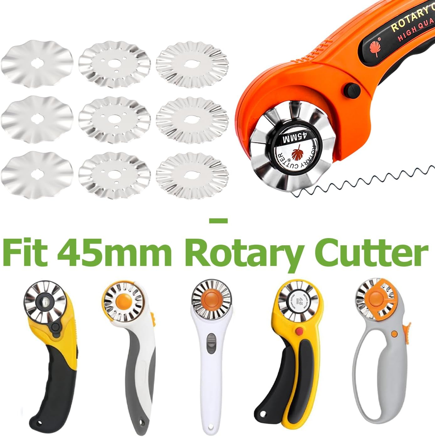 Bestgle 45Mm Pinking Rotary Cutter Blades, Wave Rotary Replacement Blades Stainless Steel Circular Decorative Edge Rotary Cutters Pink Knife Refill Blade for Quilting Sewing Cutting Paper Fabric, 9Pcs