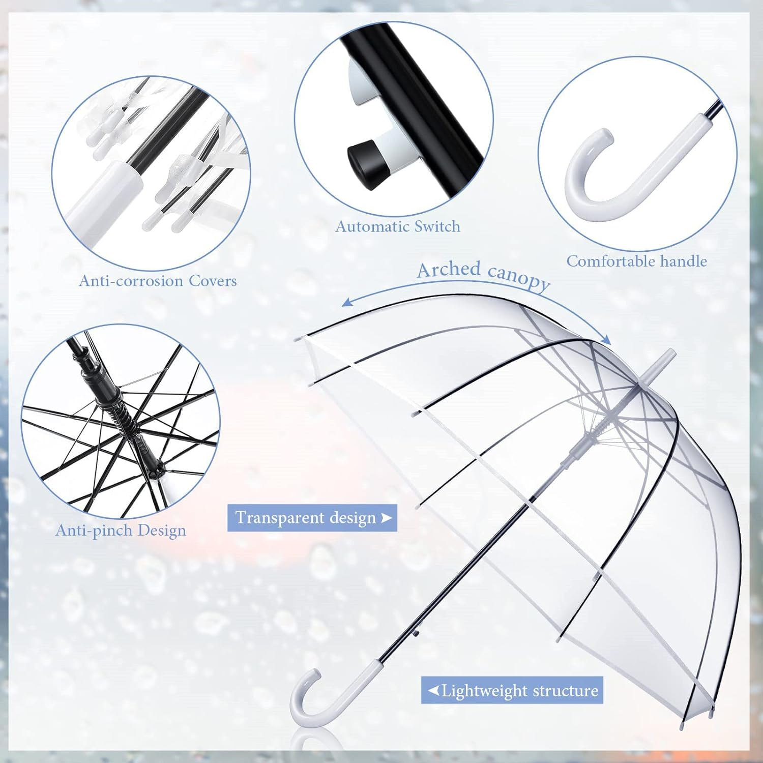 5 Pieces Clear Wedding Umbrella Automatic Open Rounded Umbrella Windproof Bubble Umbrella J Handle Large Canopy Stick Umbrella for Bride Groom Photography Rain Ceremony,White Transparent Umbrella image number 1