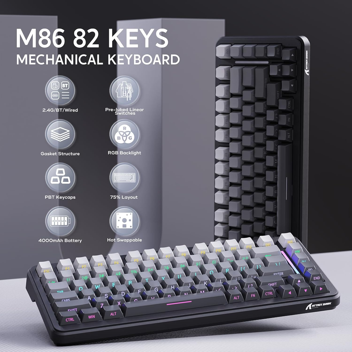 ATTACK SHARK M86 Jointed Mechanical Keyboard, 75% Tri-Mode RGB Wireless Gaming Keyboard (BT/2.4G/USB-C), Side Engraved, Hot Swappable, Pre-Lubricated Linear Switches, 4000Mah-Gradient Black - Gradient Black image number 1