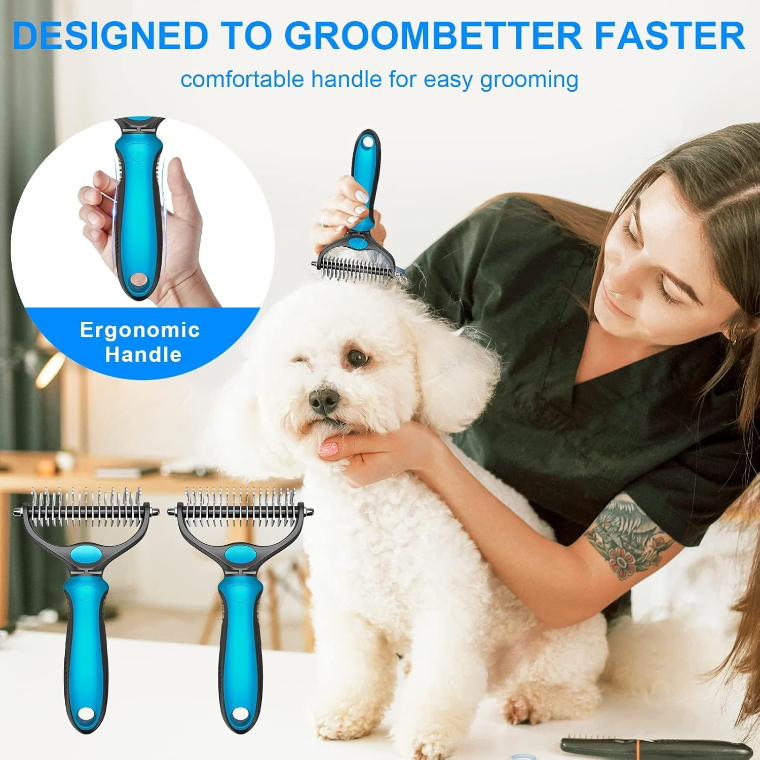 Pet Grooming Brush - Double Sided Shedding, Dematting Undercoat Rake for Dogs, Cats - Extra Wide Dog Grooming Brush, Dog Brush for Shedding, Cat Brush, Reduce Shedding by 95%, Blue image number 1