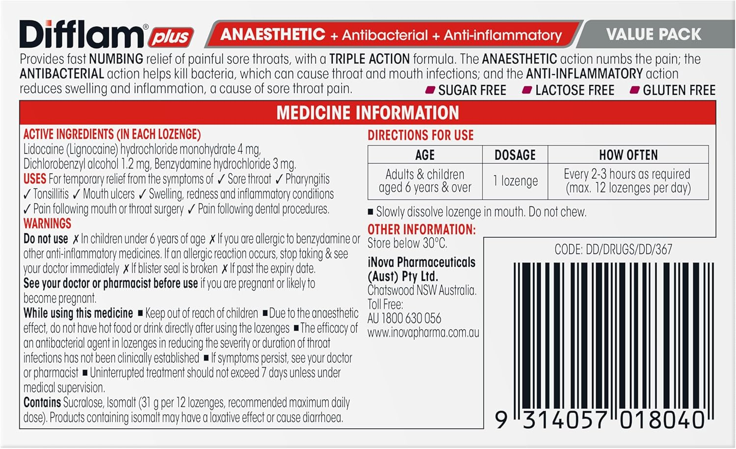Difflam plus Anaesthetic Sore Throat Triple Action Lozenges, Berry (Pack of 64) image number 4