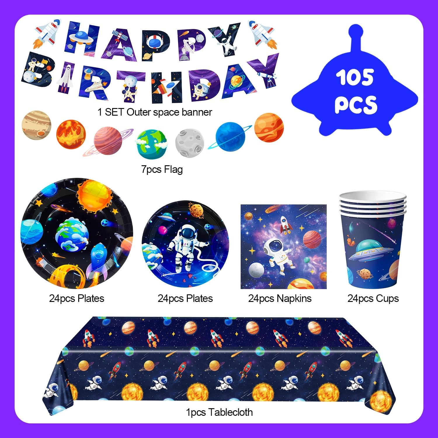 Space Theme Tableware, 24 Guests Outer Space Birthday Party Supplies - Party Plates Napkins Tablecloth Garland Etc Tableware for Birthday Decorations image number 3